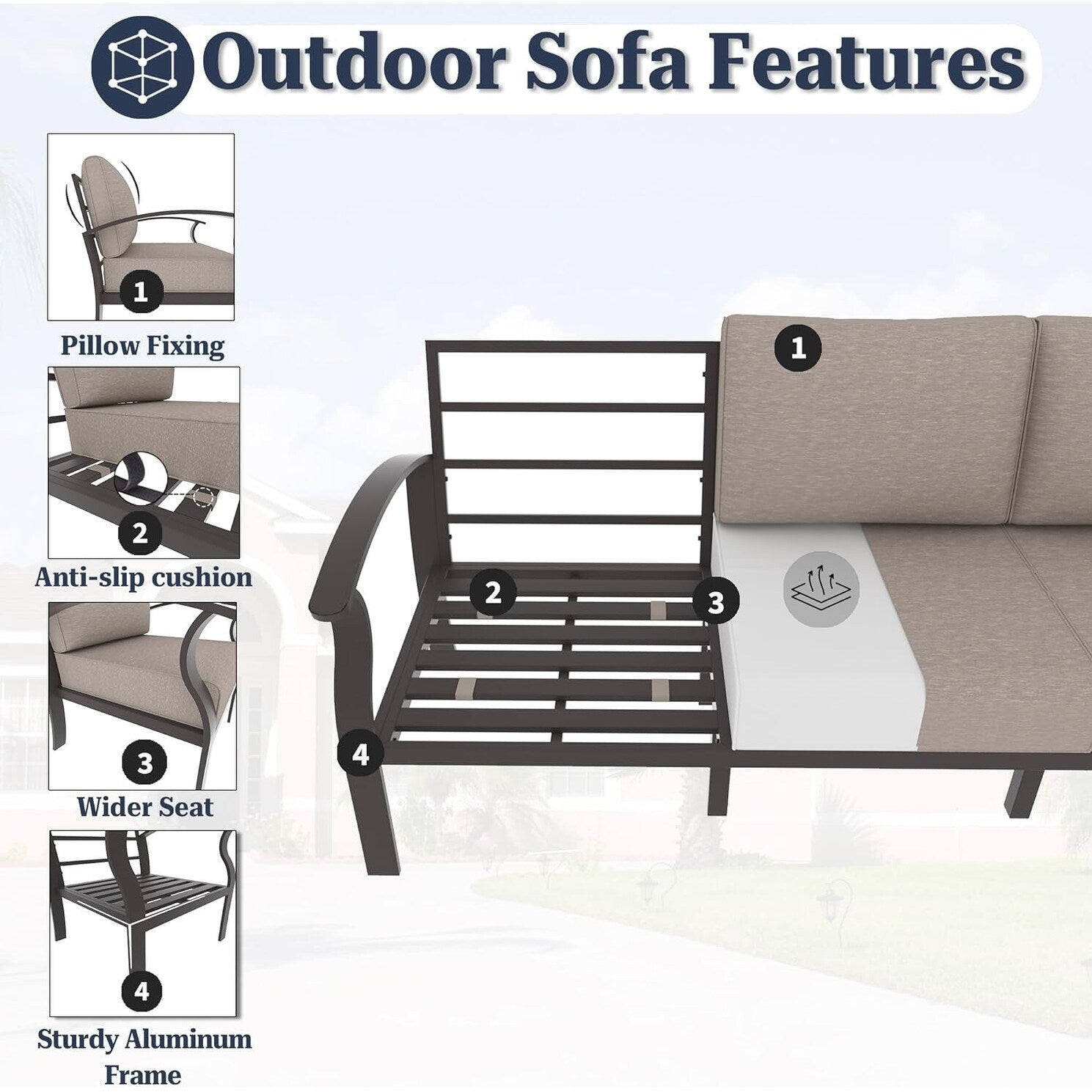 Kullavik Aluminum Outdoor Patio Furniture with Curved Armrests & Firepit Table