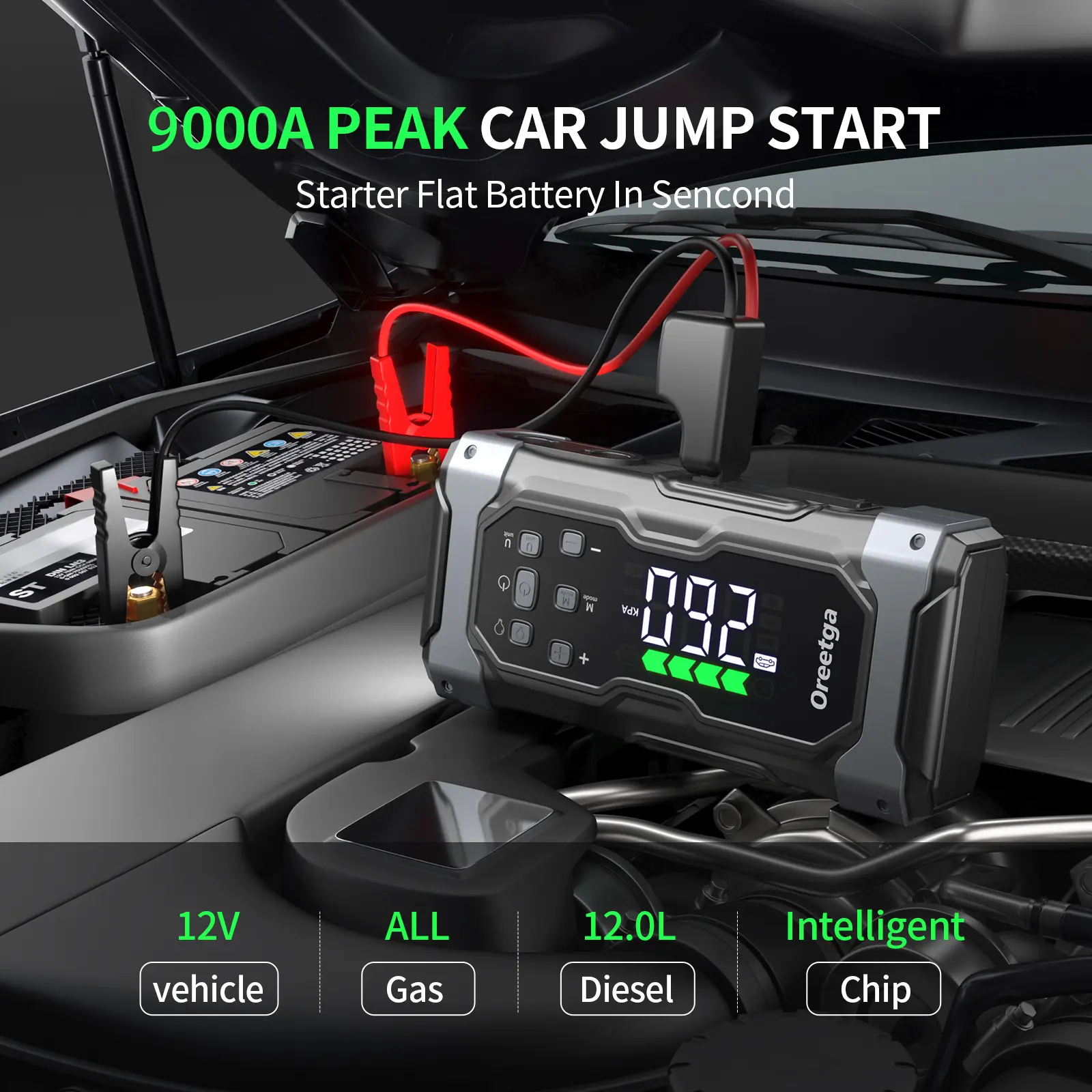 9000A 7-in-1 Portable Car Battery Jump Starter with Air Inflator and LCD Screen