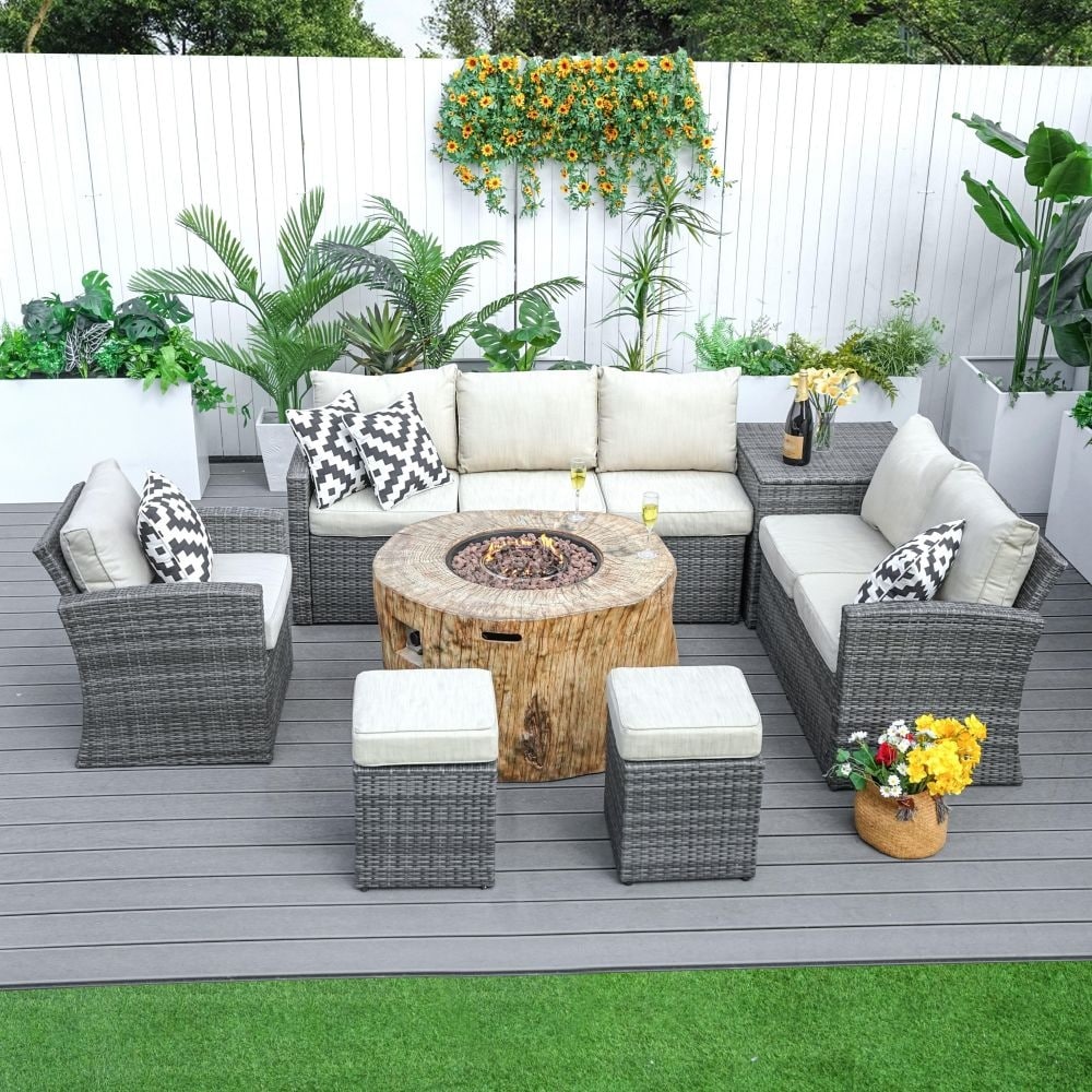 7-piece Patio Wicker Garden Chat Sofa Set with Fire Pit Table and Storage Box