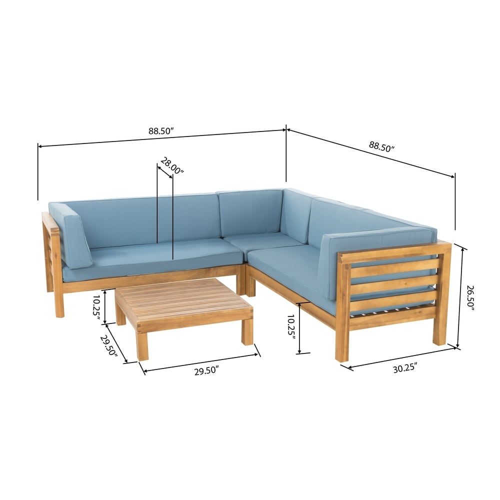 Oana Outdoor 5 Seater V Shaped Mid-Century Modern Acacia Wood Sectional Sofa Set with Coffee Table by Christopher Knight Home