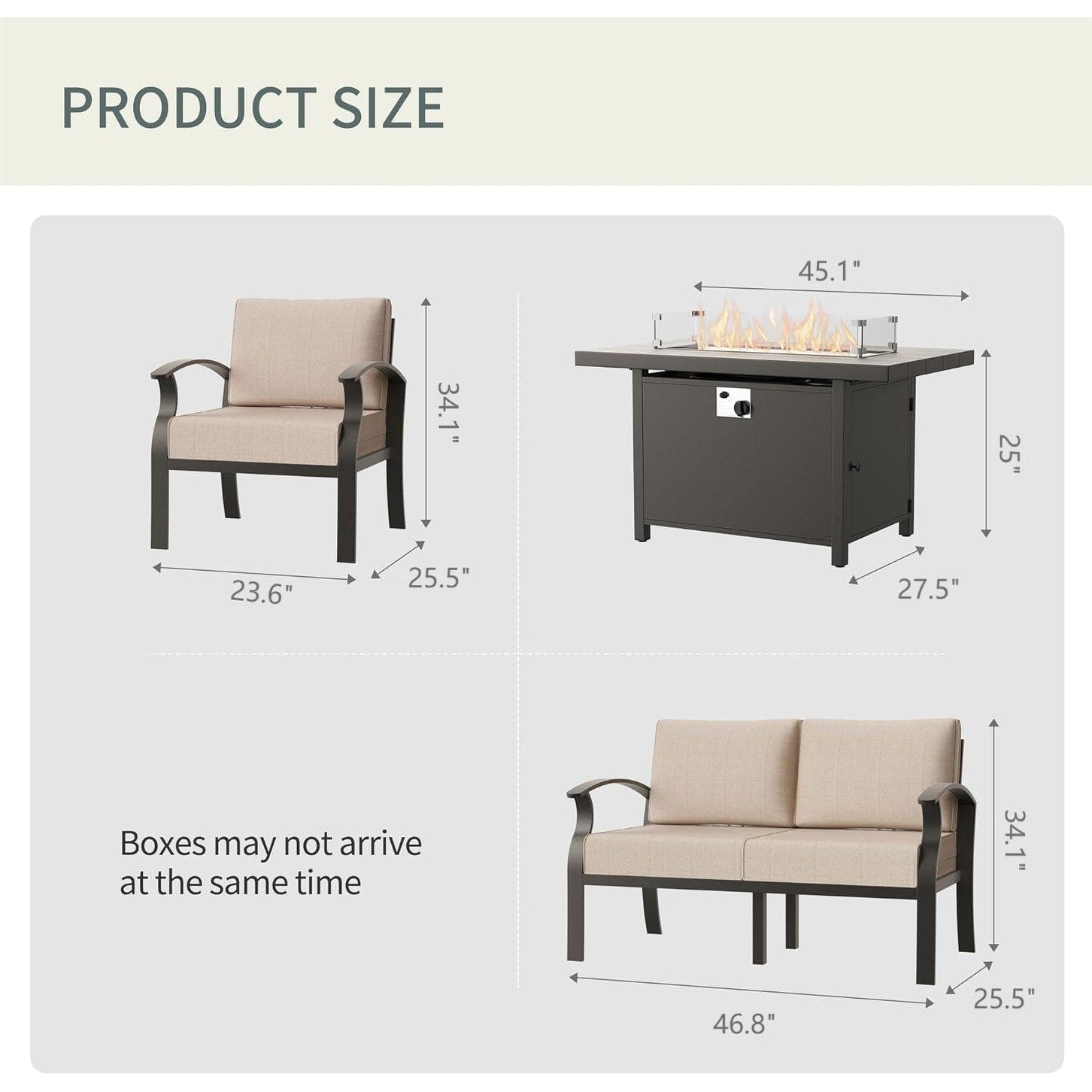 Kullavik Aluminum Outdoor Patio Furniture with Curved Armrests & Firepit Table