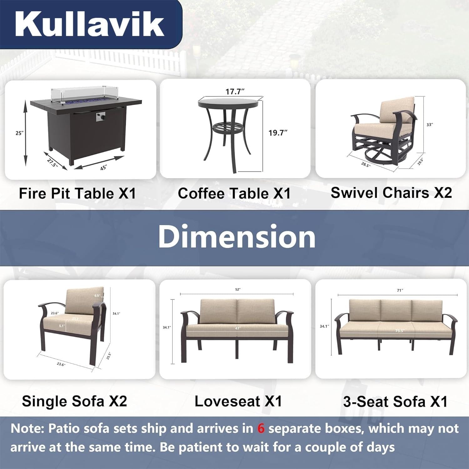 Kullavik Aluminum Outdoor Patio Furniture with Curved Armrests & Firepit Table