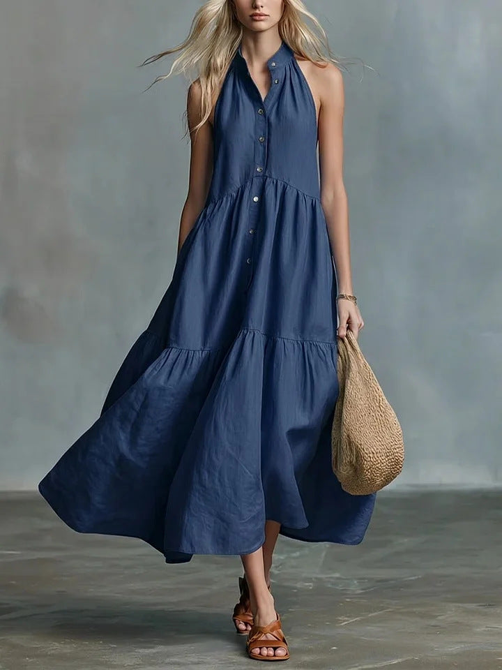 Sleeveless Casual Loose Linen Button Vest Dress