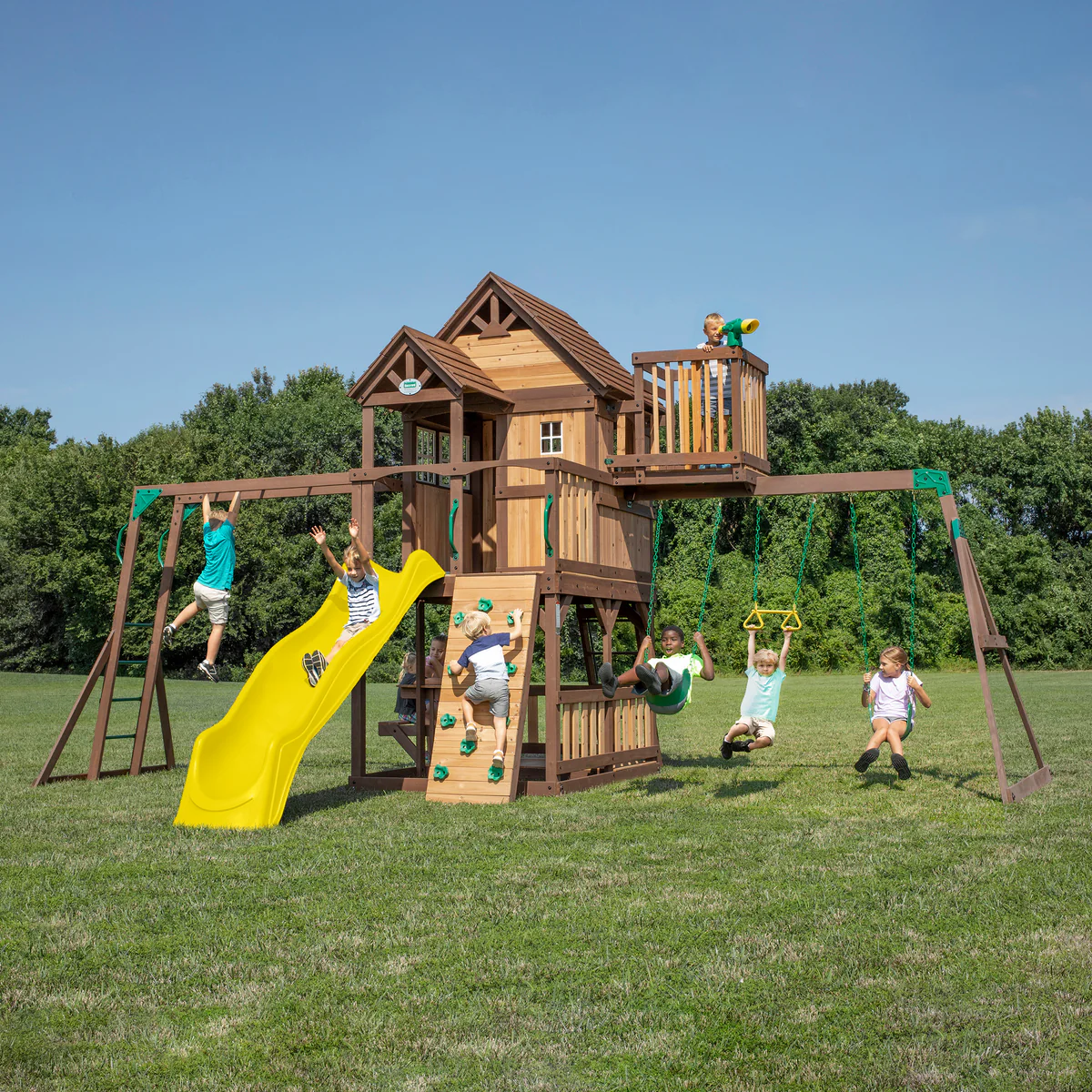 Skyfort II Cedar Wood Swing Set with Wave Slide, Clubhouse, Crow's Nest, and Monkey Bars