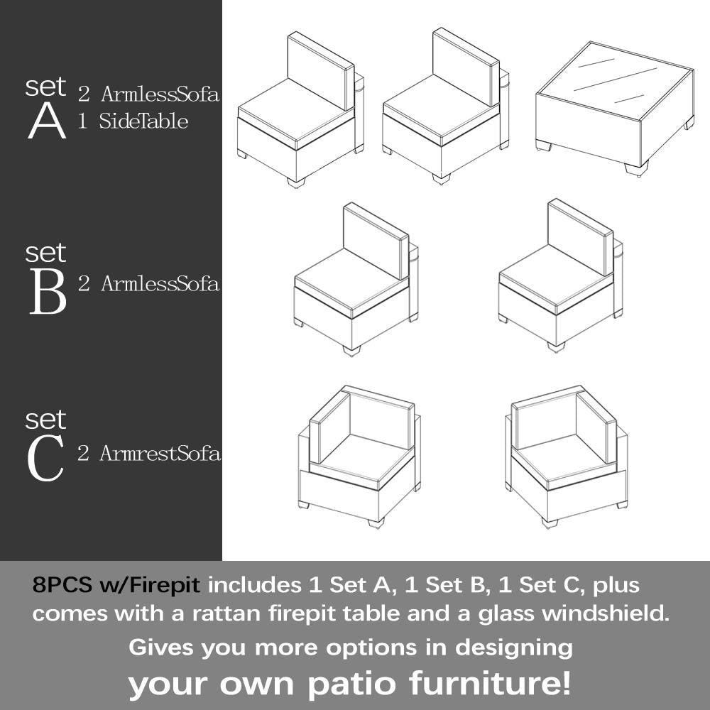 Outdoor Rattan Sectional Sofa Set, Patio Furniture Conversation Set with Fire Pit Table