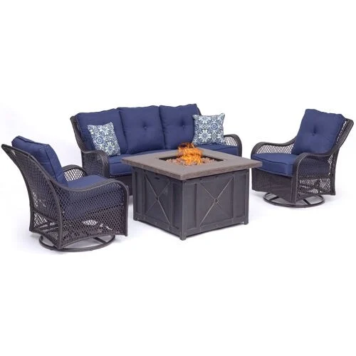 Orleans 4-Piece Woven Fire Pit Lounge Set in Avocado Green with Sofa, 2 Swivel Gliders and Durastone Fire Pit, Autumn Berry