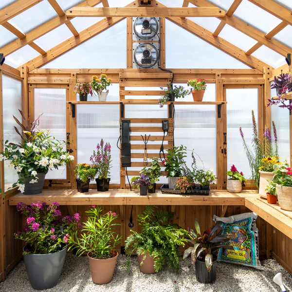Savannah Chalet-Style 14.5 ft. W x 12 ft. D x 10.5 ft. H Cedar and Polycarbonate Light Brown Greenhouse Kit w/ PowerPort