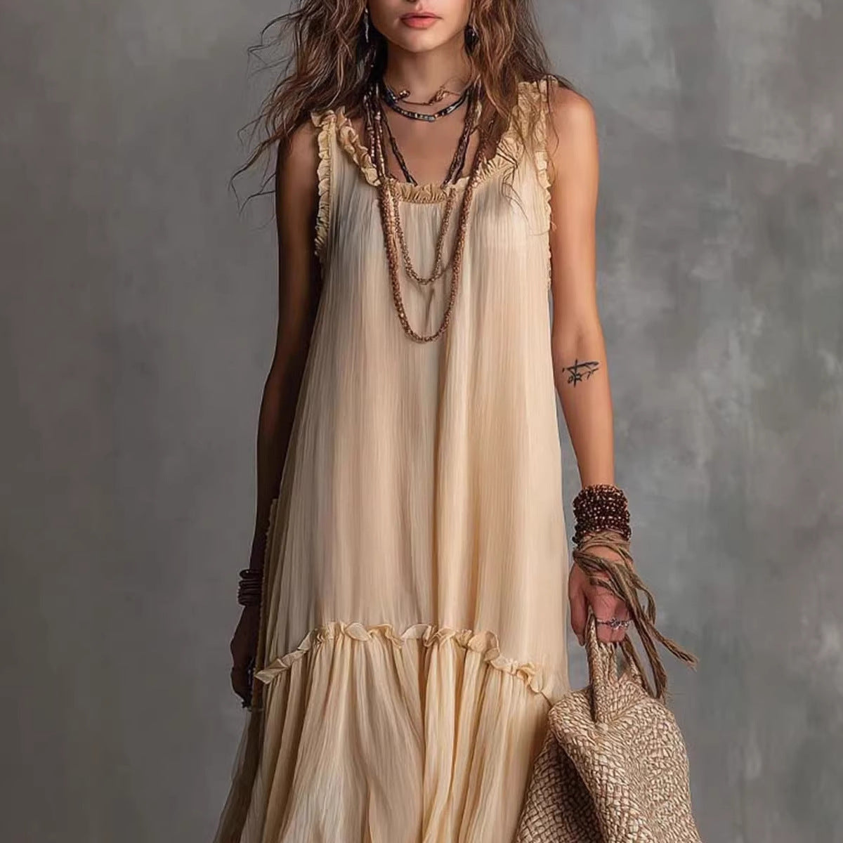 Boho Tiered Ruffle Chiffon Maxi Dress – Sleeveless Flowy Beige Summer Sundress for Women