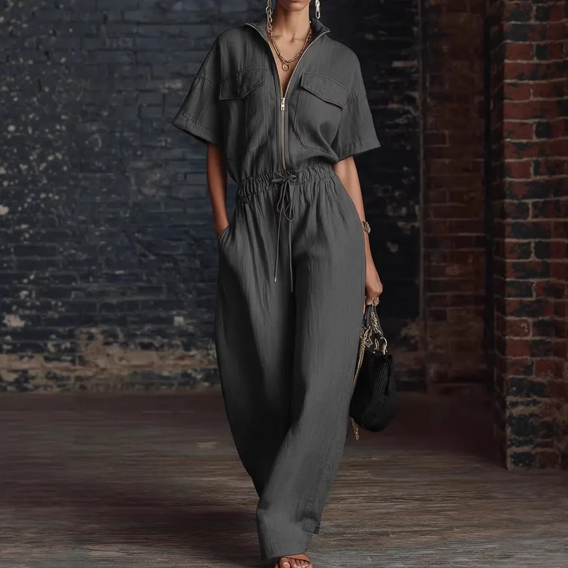 Stand Collar Sleeveless Casual Loose Cotton And Linen Jumpsuit