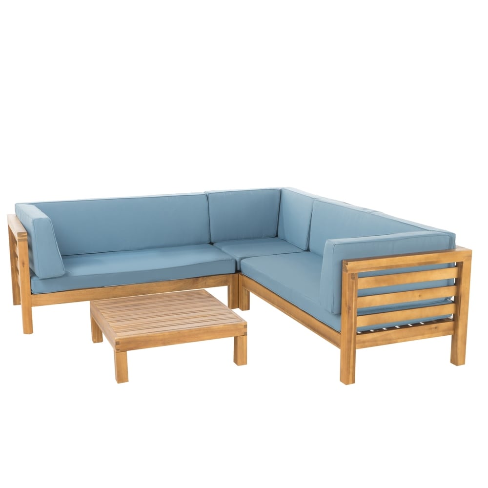 Oana Outdoor 5 Seater V Shaped Mid-Century Modern Acacia Wood Sectional Sofa Set with Coffee Table by Christopher Knight Home