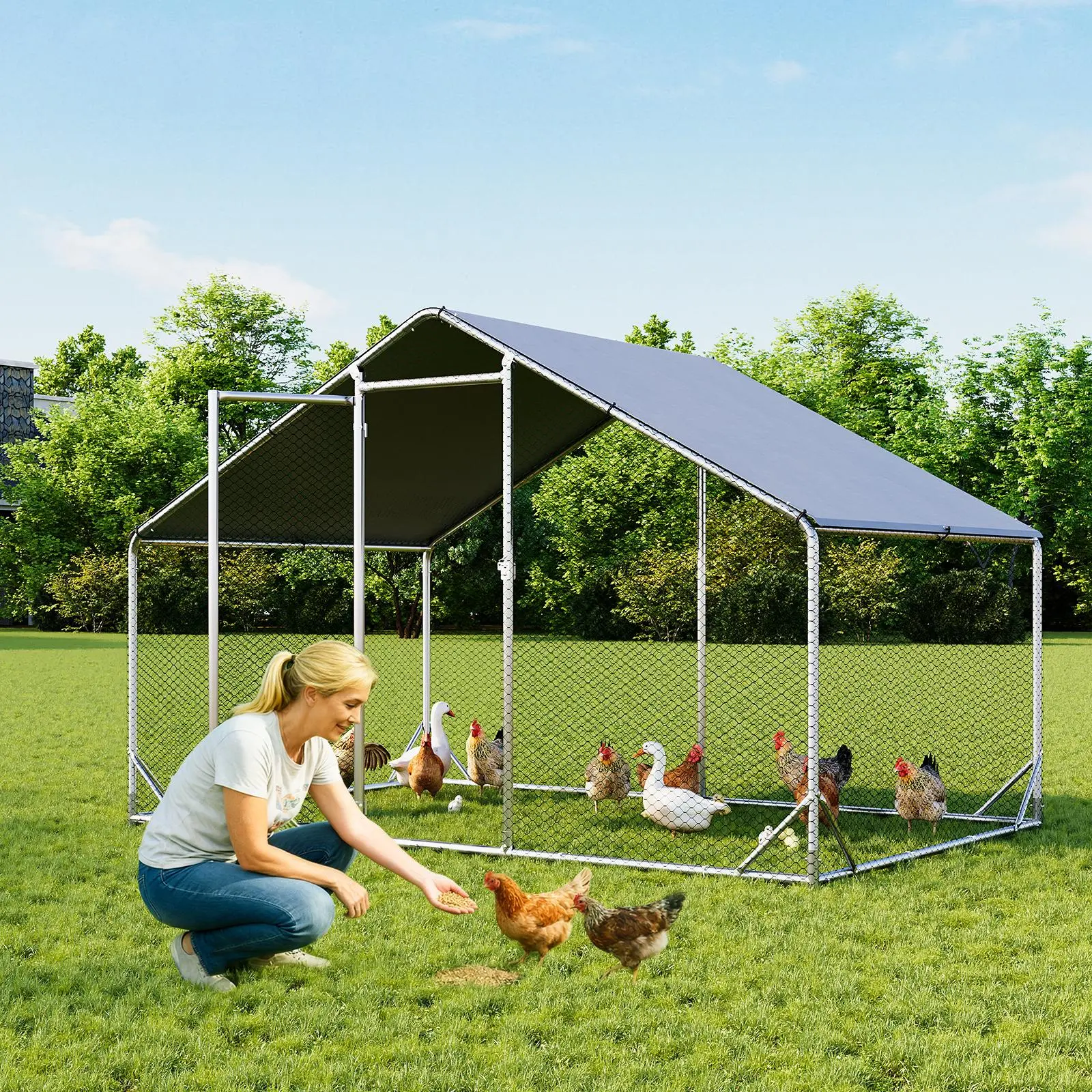 Chicken Coop Metal Large Cover Wire，spire Peak Roof Security Lock Waterproof Outdoor Poultry Enclosure for Yard & Farm Metal Poultry Coop Chicken Cage Enclosed Enclosed Poultry Hutch