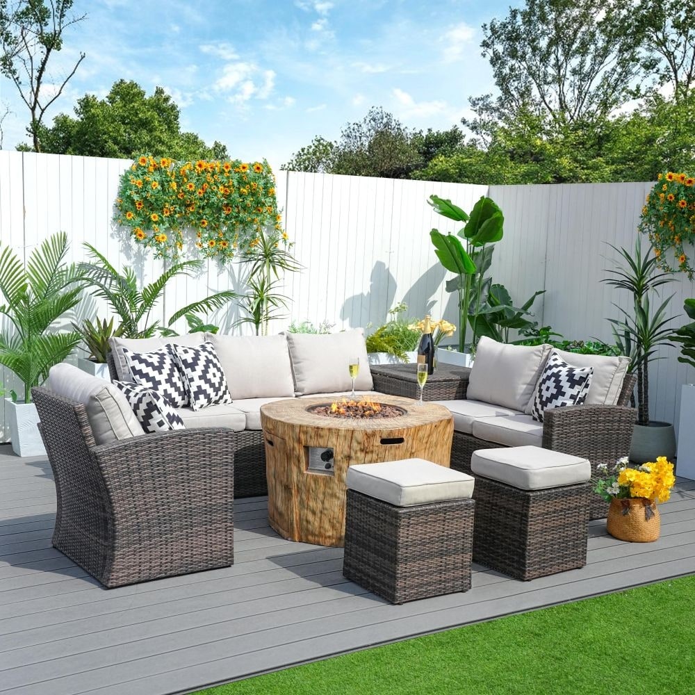 7-piece Patio Wicker Garden Chat Sofa Set with Fire Pit Table and Storage Box