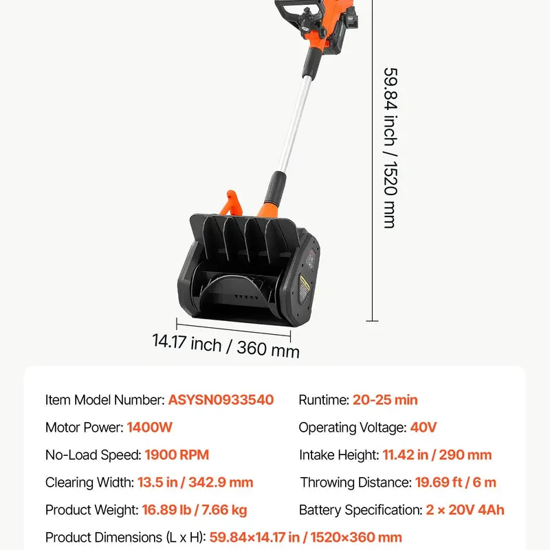 🔥Last Chance Sale🔥40V Cordless Electric Snow Shovel, 1400W Brushless Motor, 2×4.0Ah Batteries, LED Light & Adjustable Snow Chute