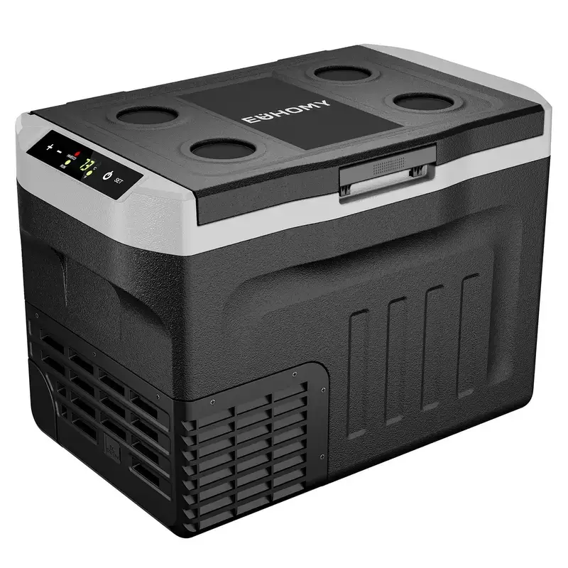 12V Refrigerator (24/37/53Quart /23L/35L/50L) supports 12V/24V DC & 110-240V AC. Portable with -4°F~68°F range, it features wheels, 2 baskets, and large cooling zone. Ideal for RVs, travel, Truck, Boat