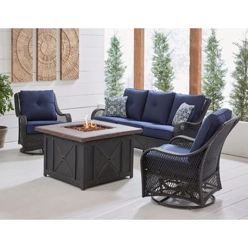 Orleans 4-Piece Woven Fire Pit Lounge Set in Avocado Green with Sofa, 2 Swivel Gliders and Durastone Fire Pit, Autumn Berry