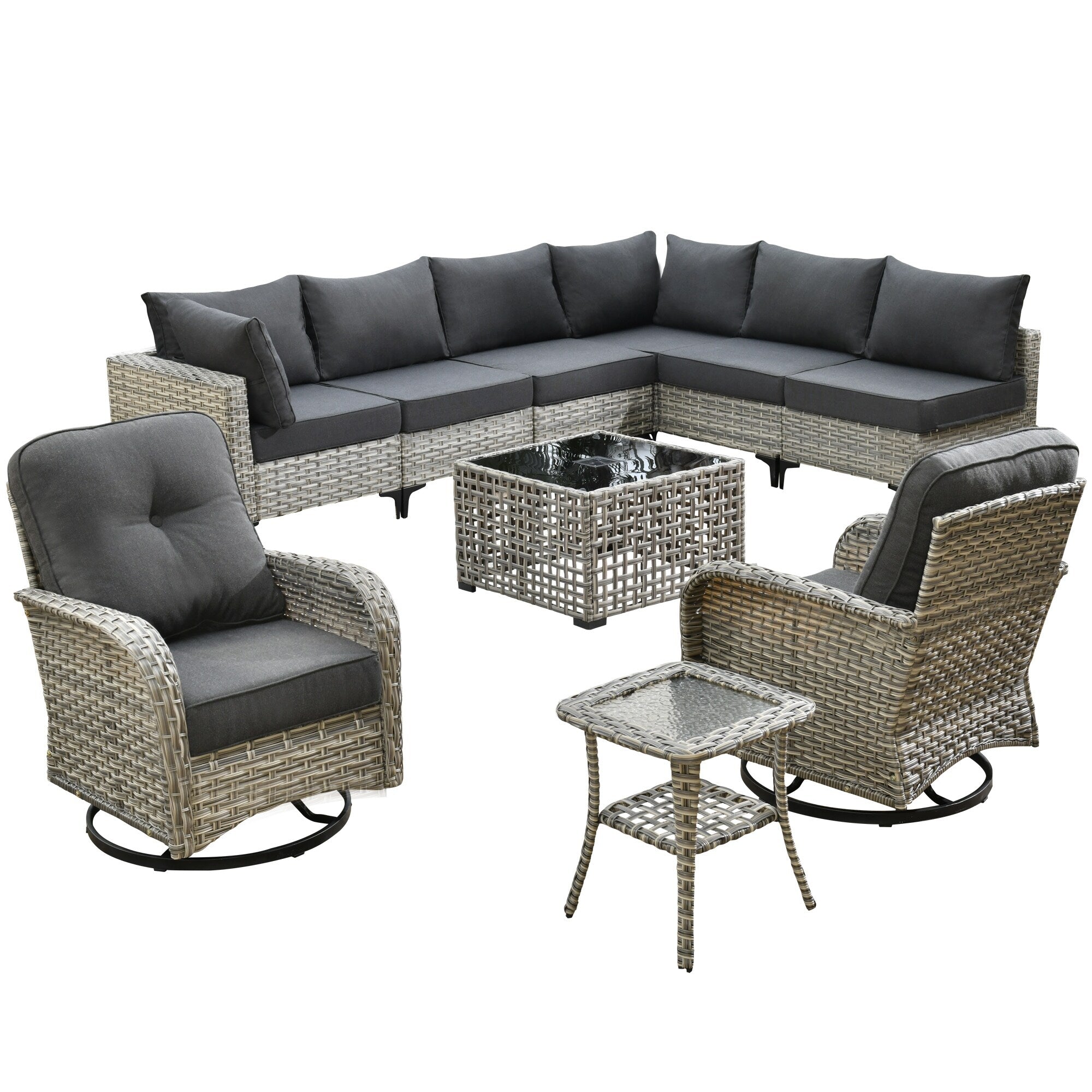 XIZZI 10-piece Patio Furniture Wicker Sectional Set with Swivel Chair