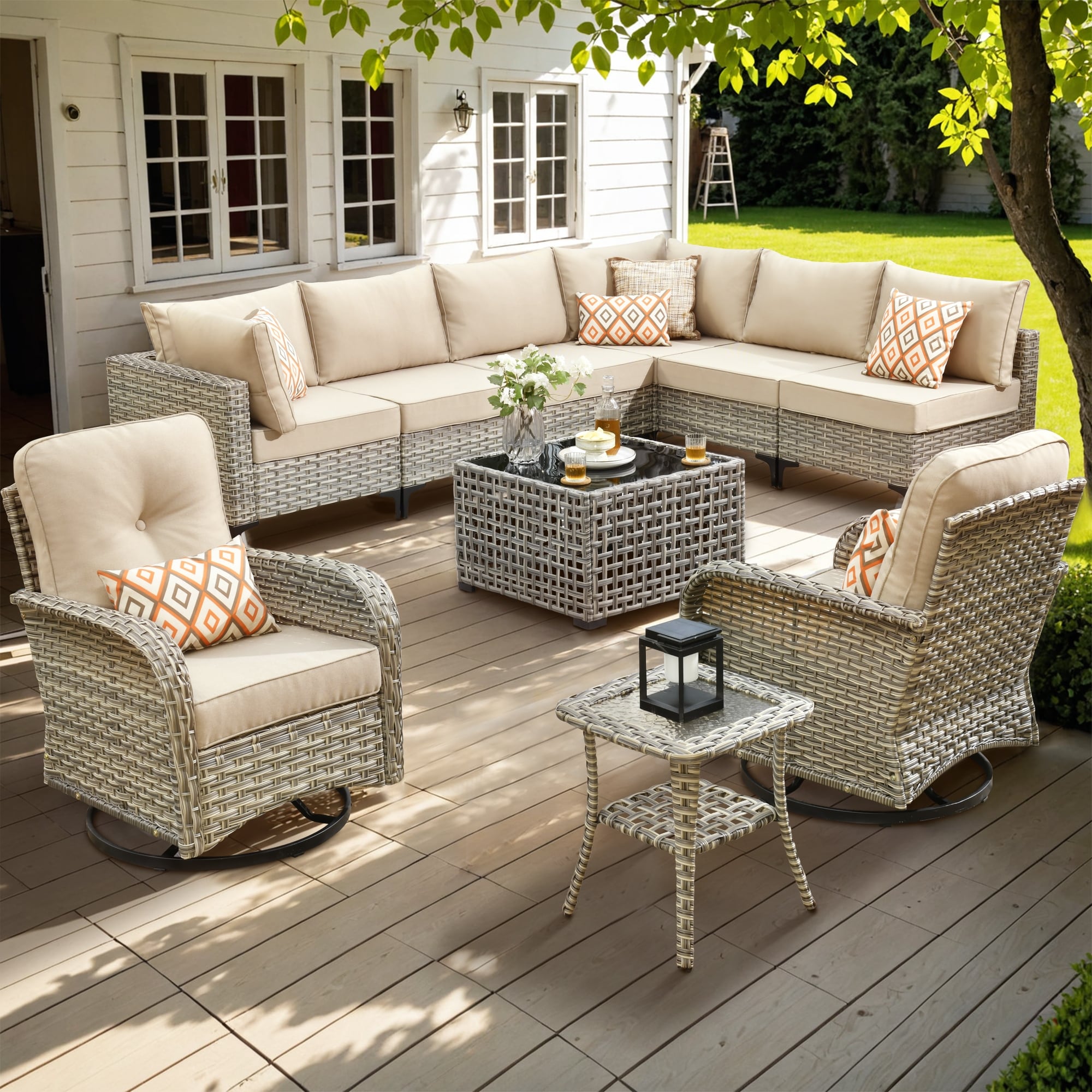 XIZZI 10-piece Patio Furniture Wicker Sectional Set with Swivel Chair
