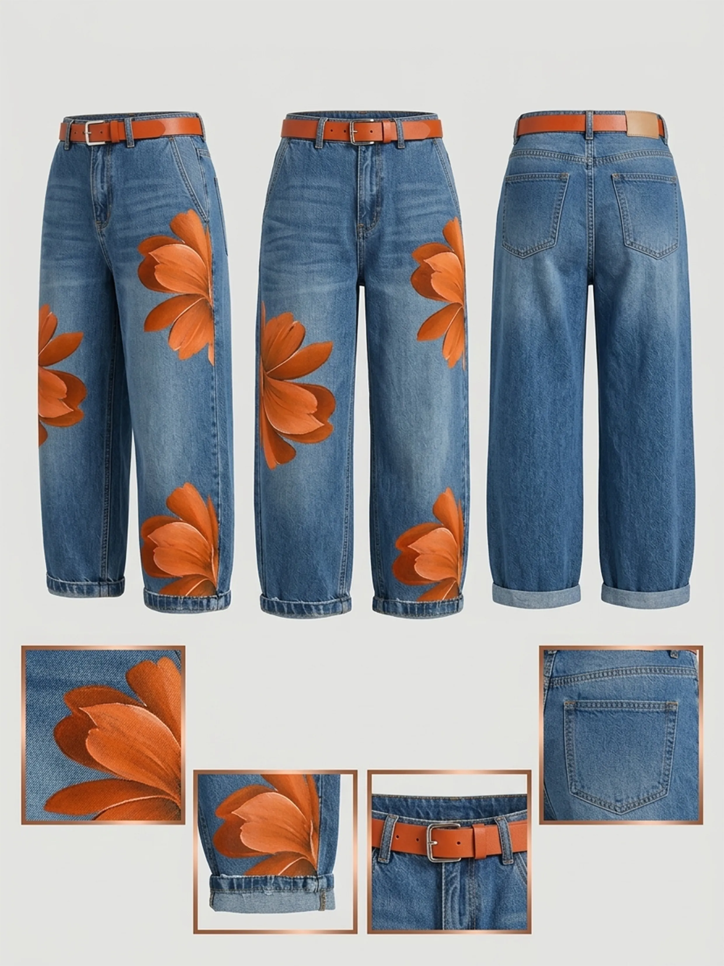 👖Women's Artistic Red Blossom Wide Leg Jeans