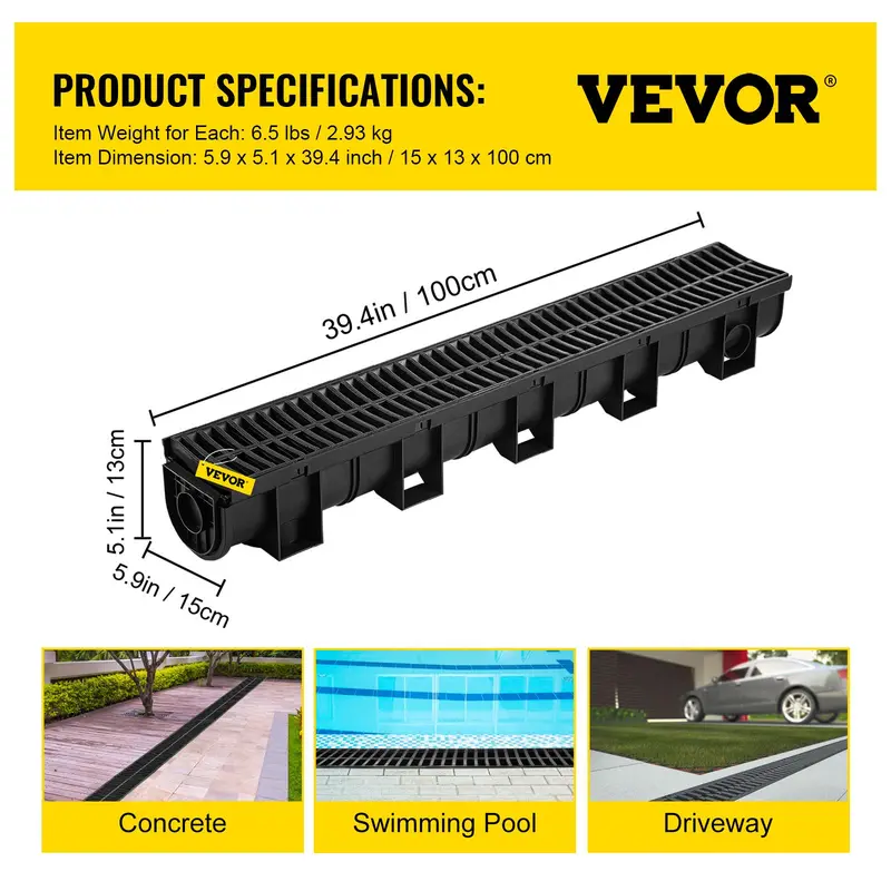Trench Drain System 6-Pack with Plastic Grates and End Caps, HDPE 5.9x5.1 Inch Garage Floor Drain