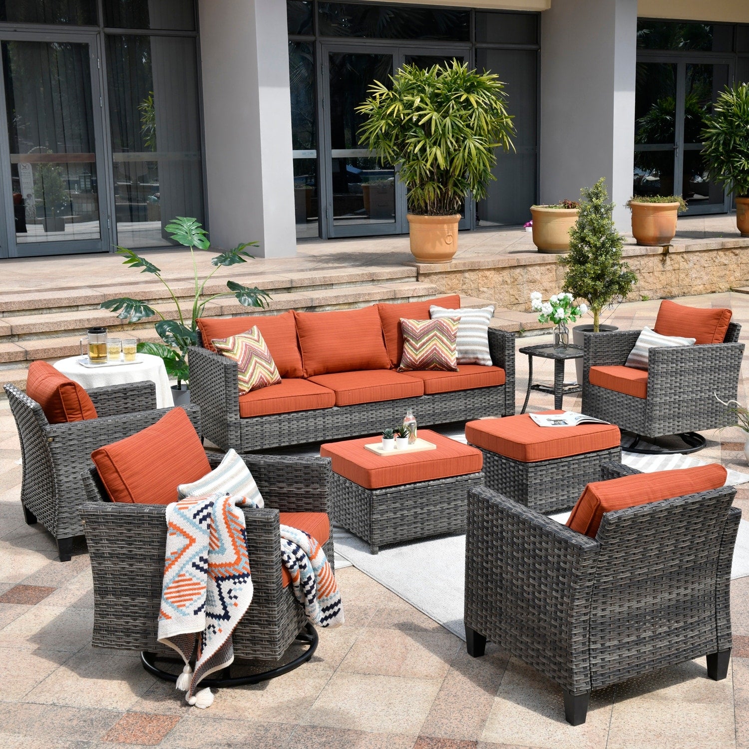 OVIOS 8-piece Patio Wicker Conversation Furniture Set with Swivel Chairs