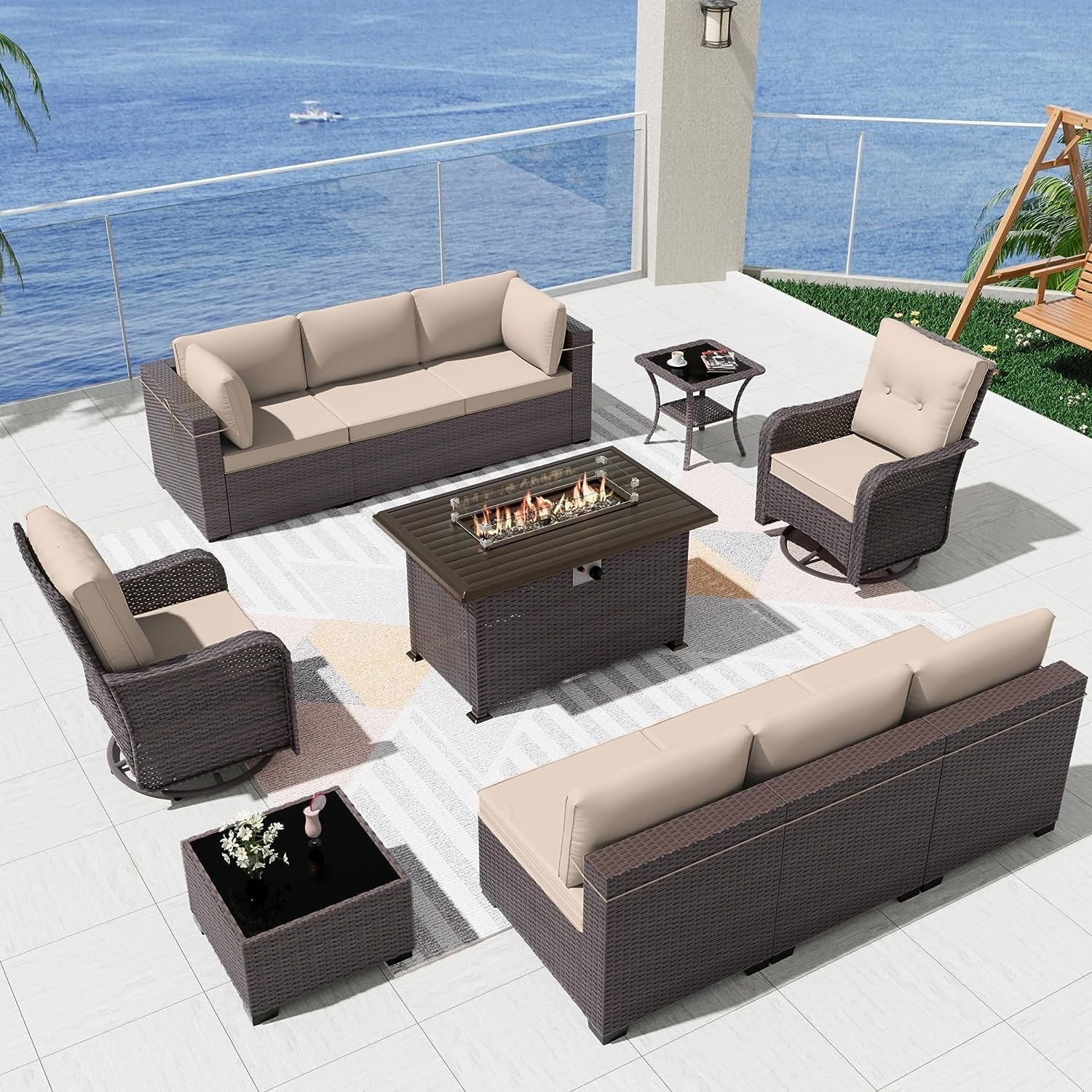 Patio Furniture Sectional Sofa Set, PE Rattan Swivel Rocking Chairs Patio Conversation Set
