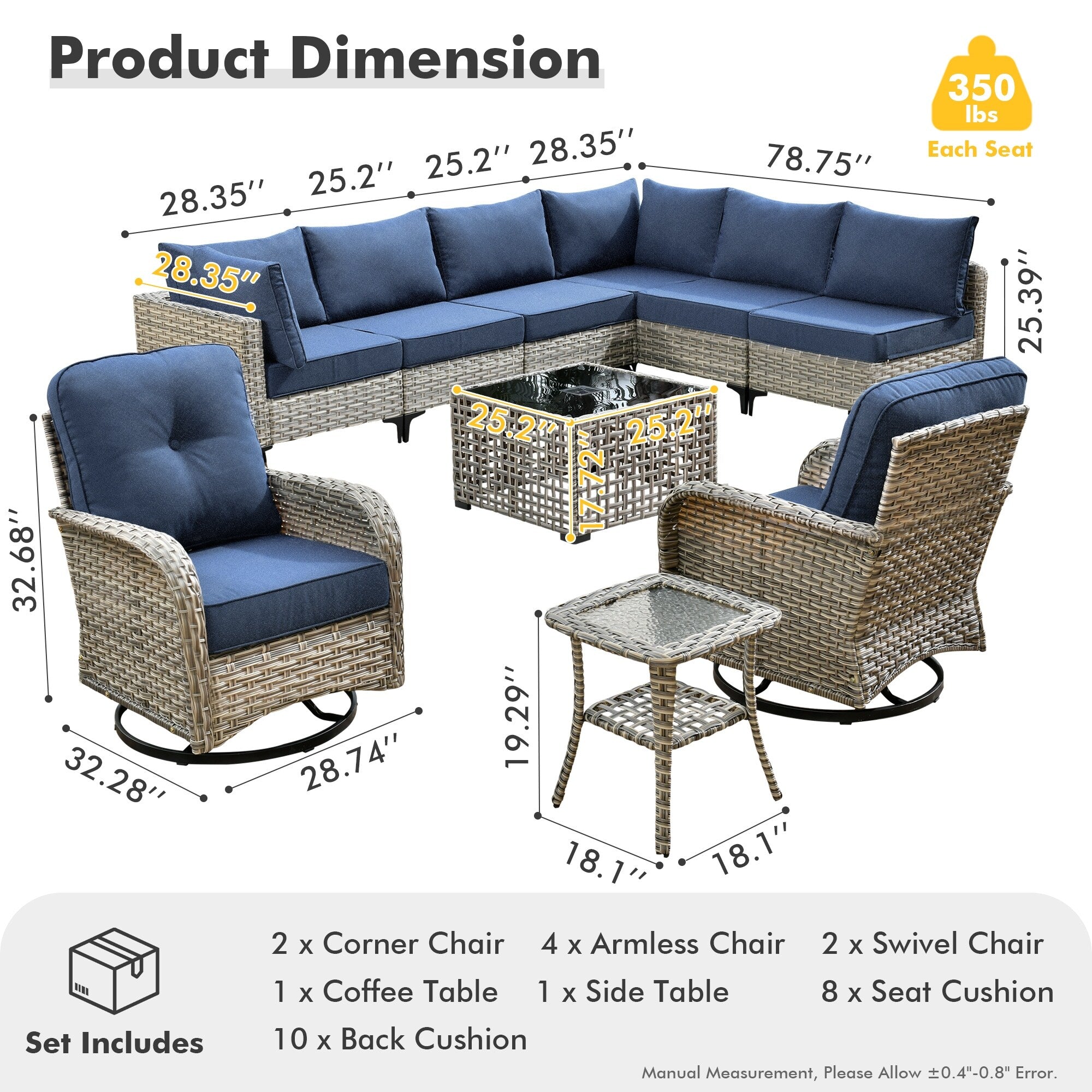 XIZZI 10-piece Patio Furniture Wicker Sectional Set with Swivel Chair