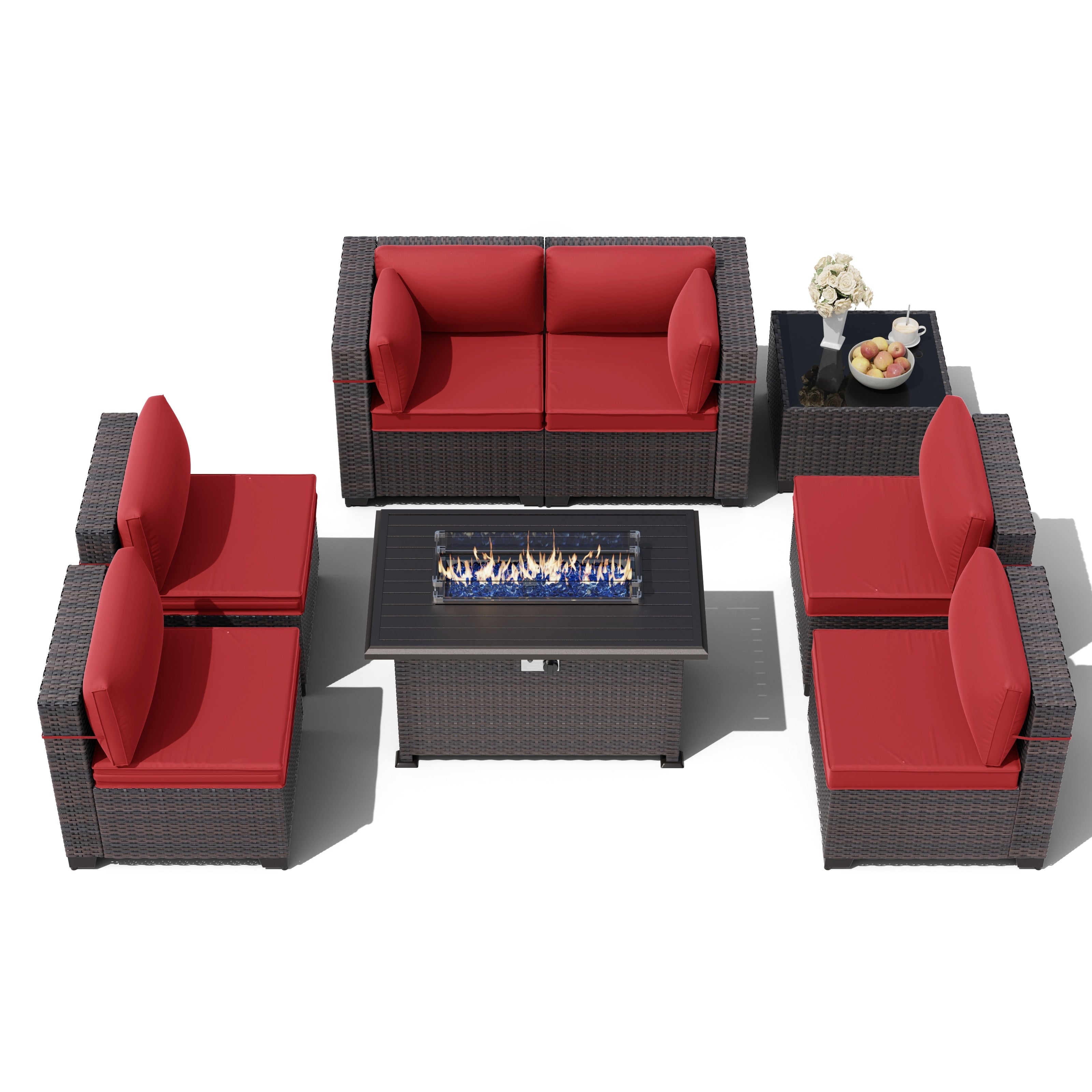 Outdoor Rattan Sectional Sofa Set, Patio Furniture Conversation Set with Fire Pit Table