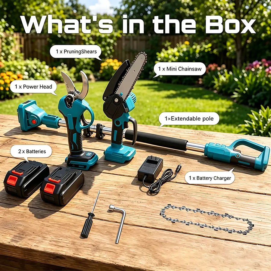 Package contents for the cordless tree trimming kit