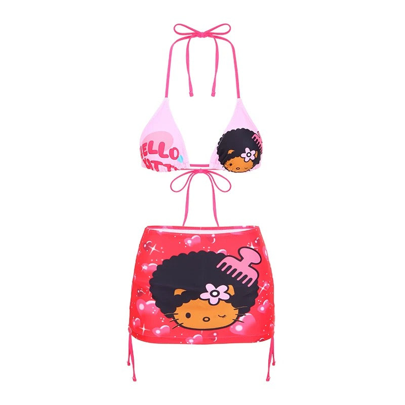 Hellokitty 3 Piece Bikini Sets - String Triangle Swimsuits with Cover Up Halter Sexy Bathing Suits