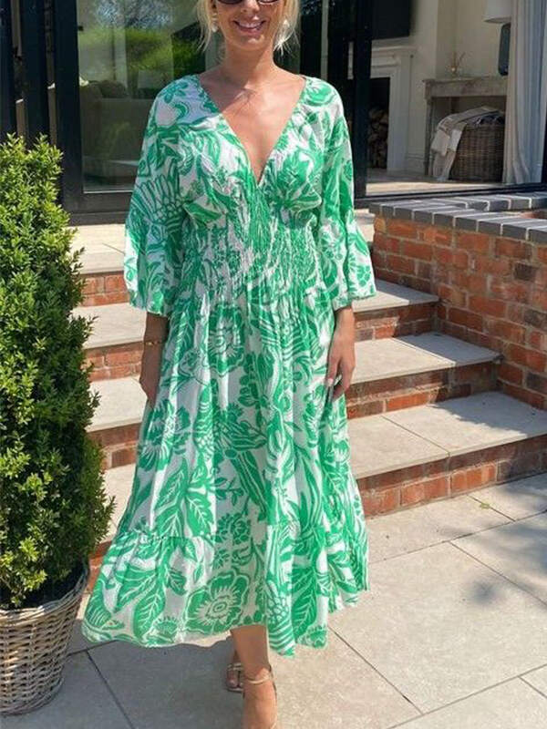 NEW🔥 V Neck Elastic Waist Printed Dress