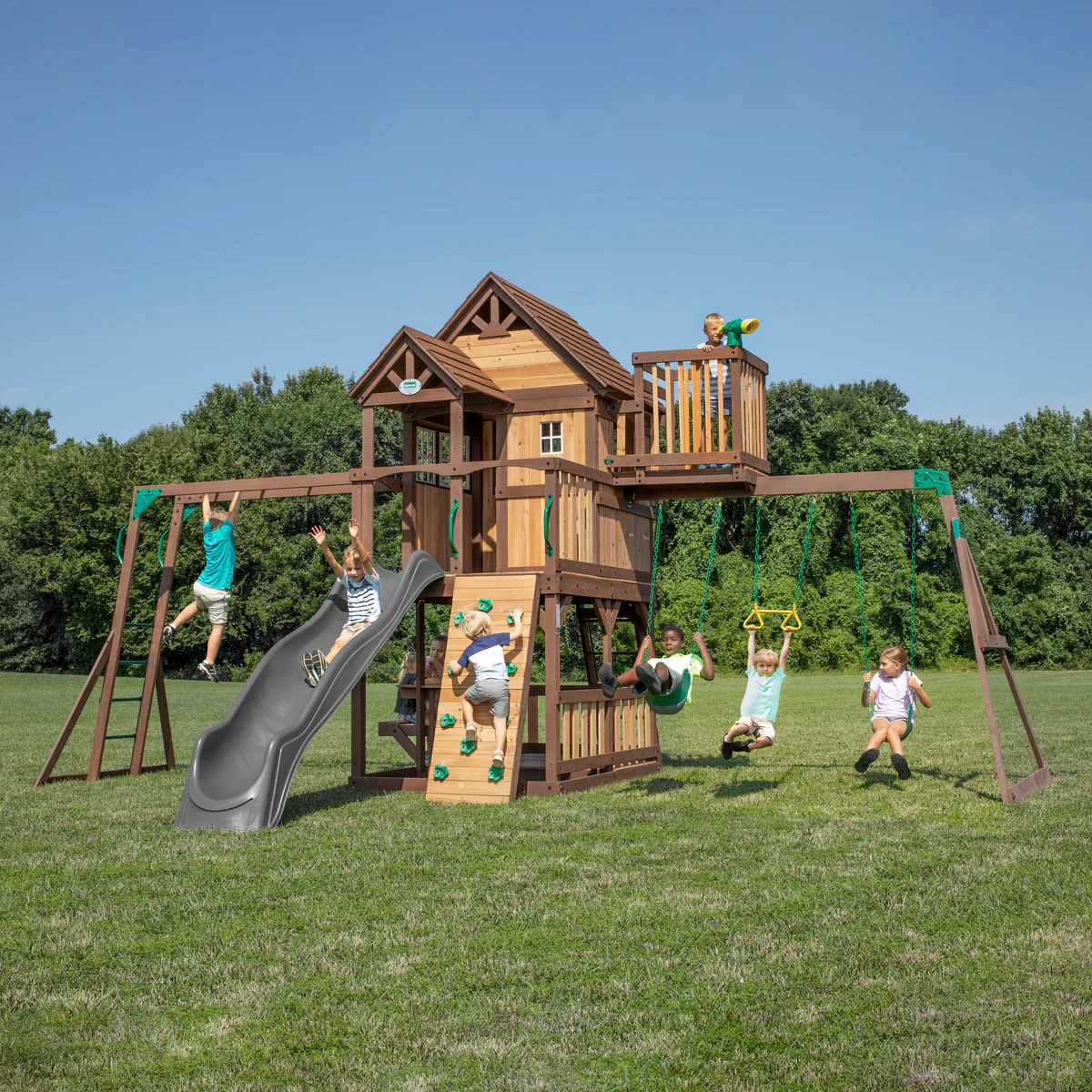 Skyfort II Cedar Wood Swing Set with Wave Slide, Clubhouse, Crow's Nest, and Monkey Bars
