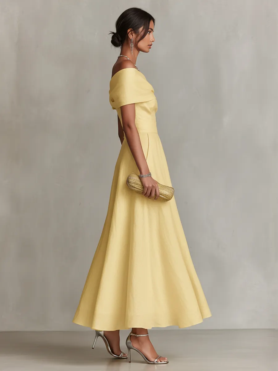 Yellow Linen Dress With One-Shoulder Neckline & Fitted Waist