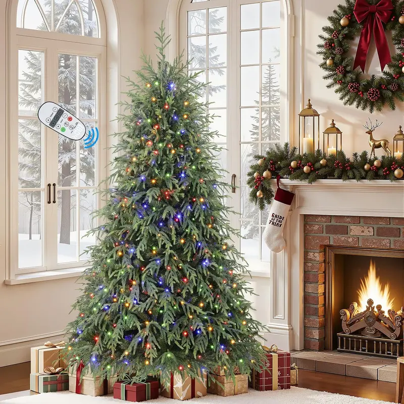 Pre-Lit Norfolk Pine Christmas Tree, 5/6/7.5/8FT Artificial Christmas Tree with Warm White & Multicolor LED Lights, Remote Control, Hinged PE & PVC Branches, Holiday Home Decor