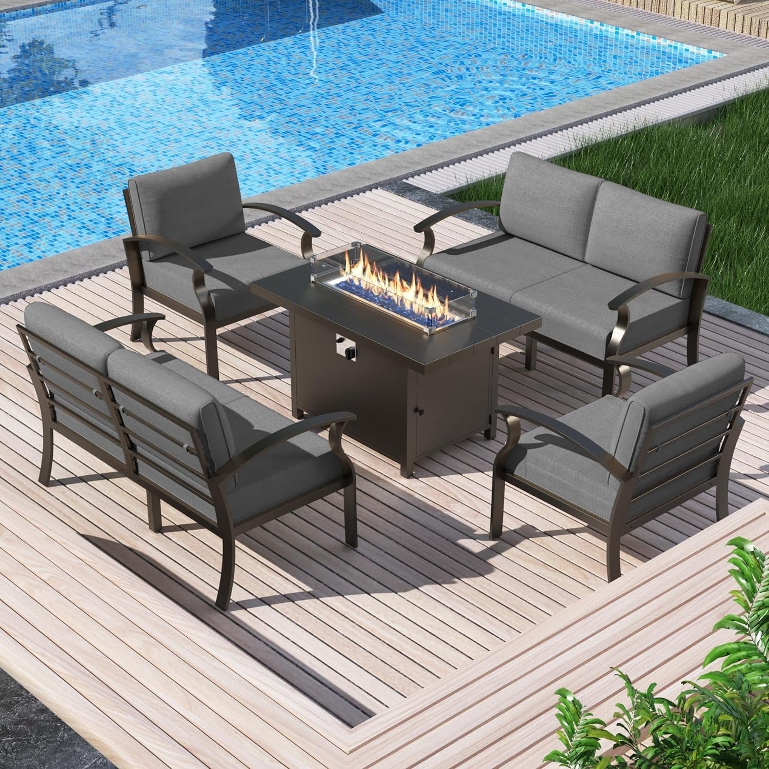 Kullavik Aluminum Outdoor Patio Furniture with Curved Armrests & Firepit Table