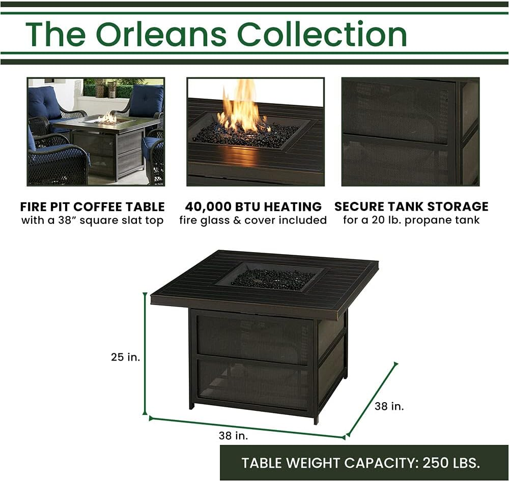 Orleans 5-Piece Steel Patio Fire Pit Conversation Set with Navy Blue Cushions, Swivel Gliders and Square Fire Pit Table