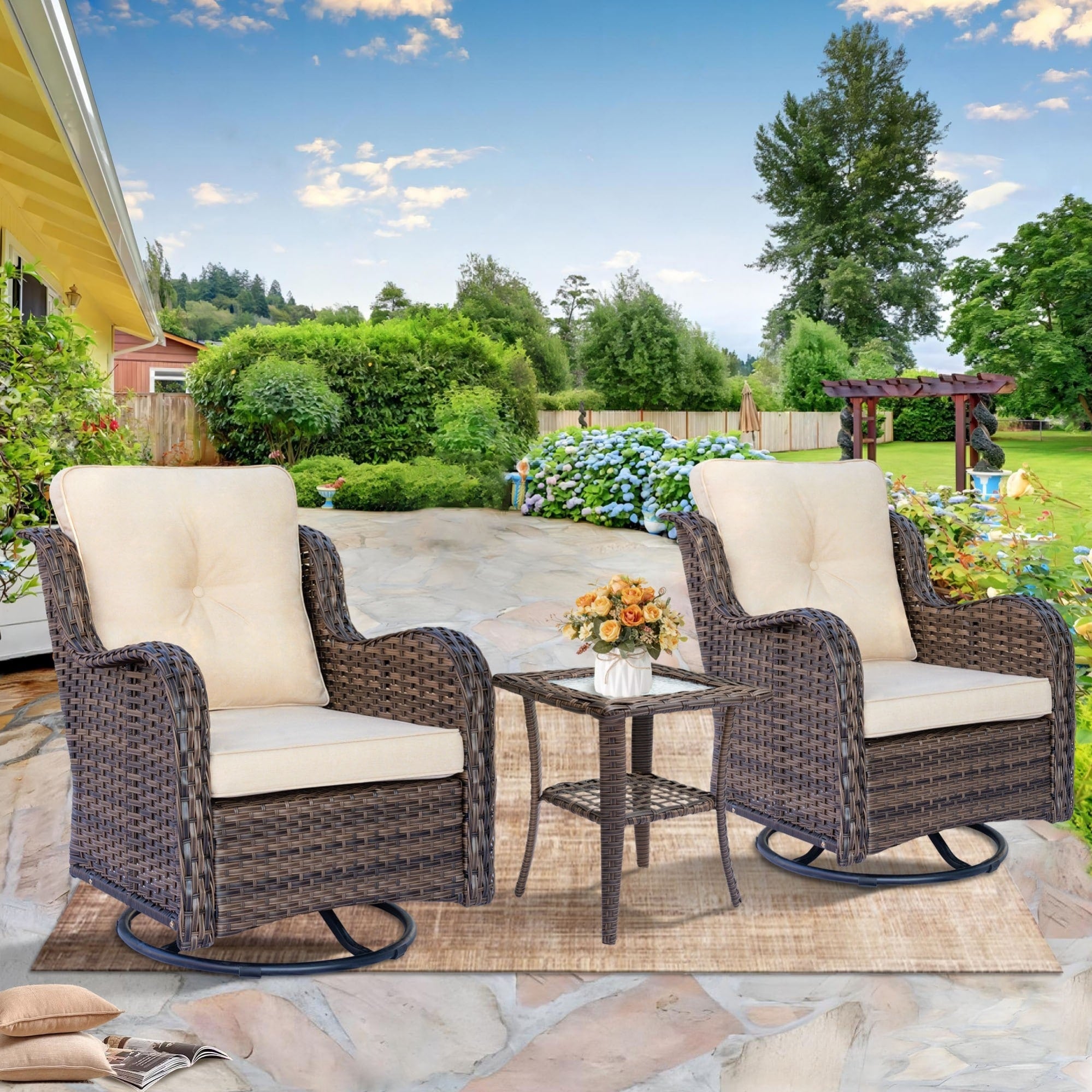 Outdoor Patio Furniture Set-Wicker Patio Conversation Swivel Chair Set