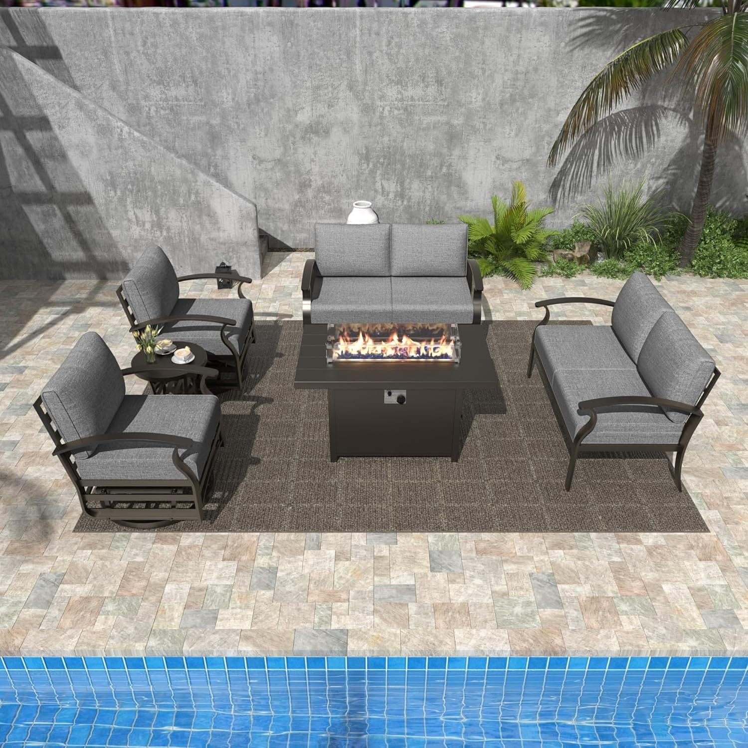 Kullavik Aluminum Outdoor Patio Furniture with Curved Armrests & Firepit Table