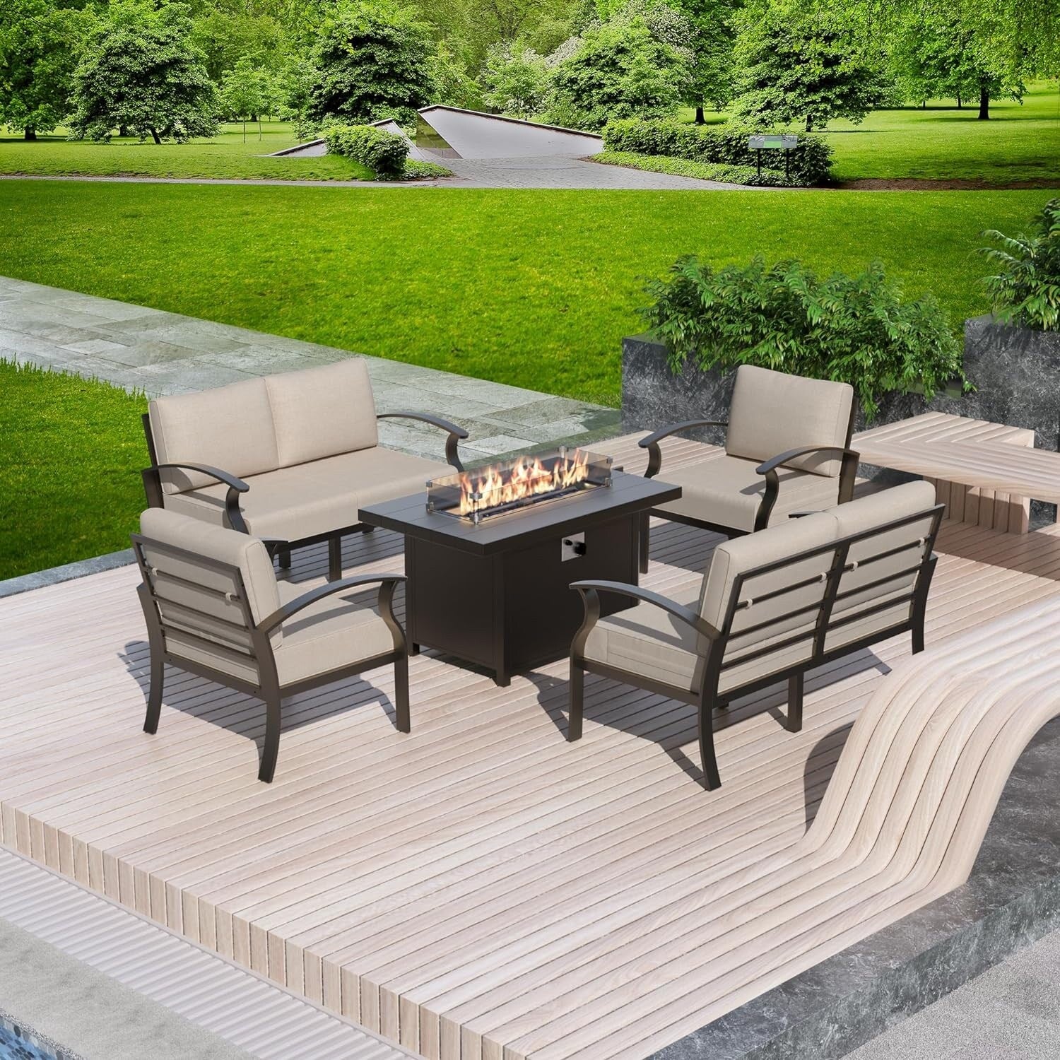 Kullavik Aluminum Outdoor Patio Furniture with Curved Armrests & Firepit Table