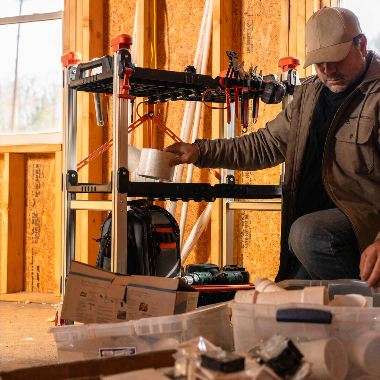 🚚Easy Carry & Storage🚚 3-Tier Foldable Jobsite Cart for Tools, Materials & Workshop Use