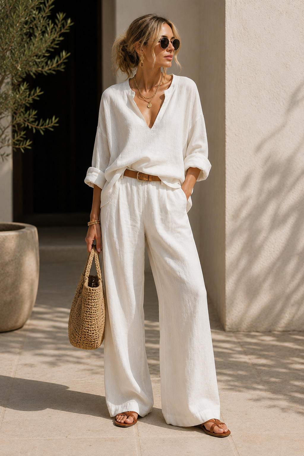 Relaxed V-Neck Blouse & Wide Leg Pants Set