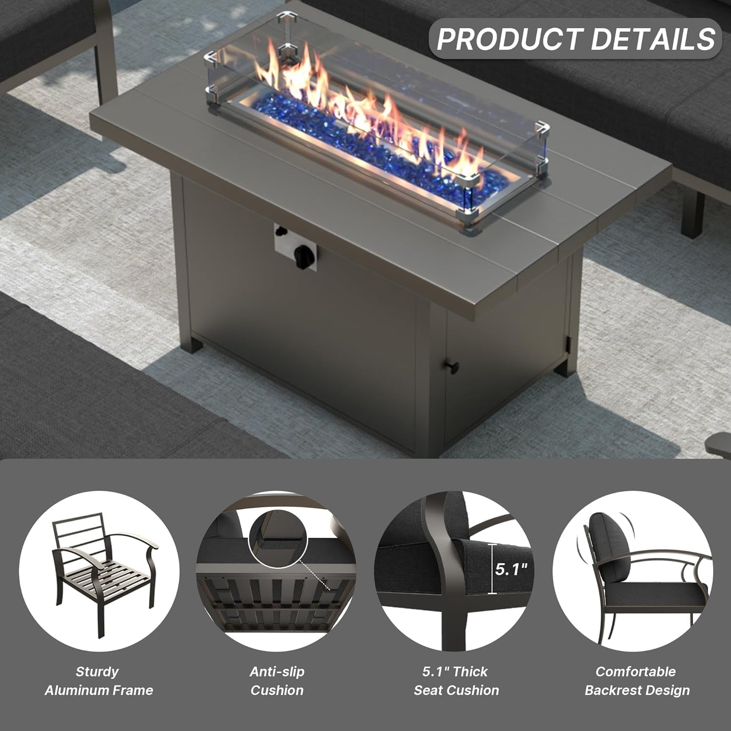 Kullavik Aluminum Outdoor Patio Furniture with Curved Armrests & Firepit Table