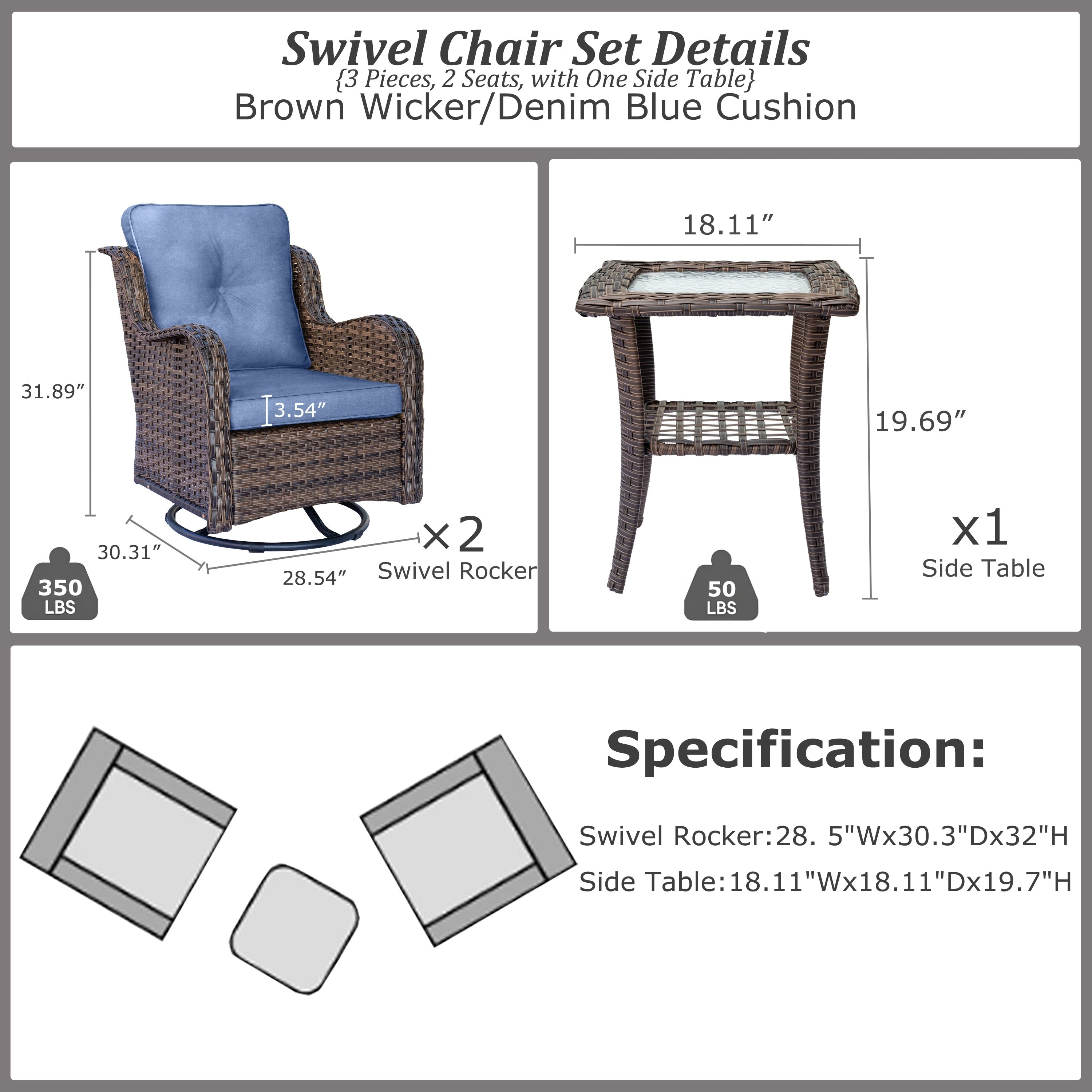 Outdoor Patio Furniture Set-Wicker Patio Conversation Swivel Chair Set