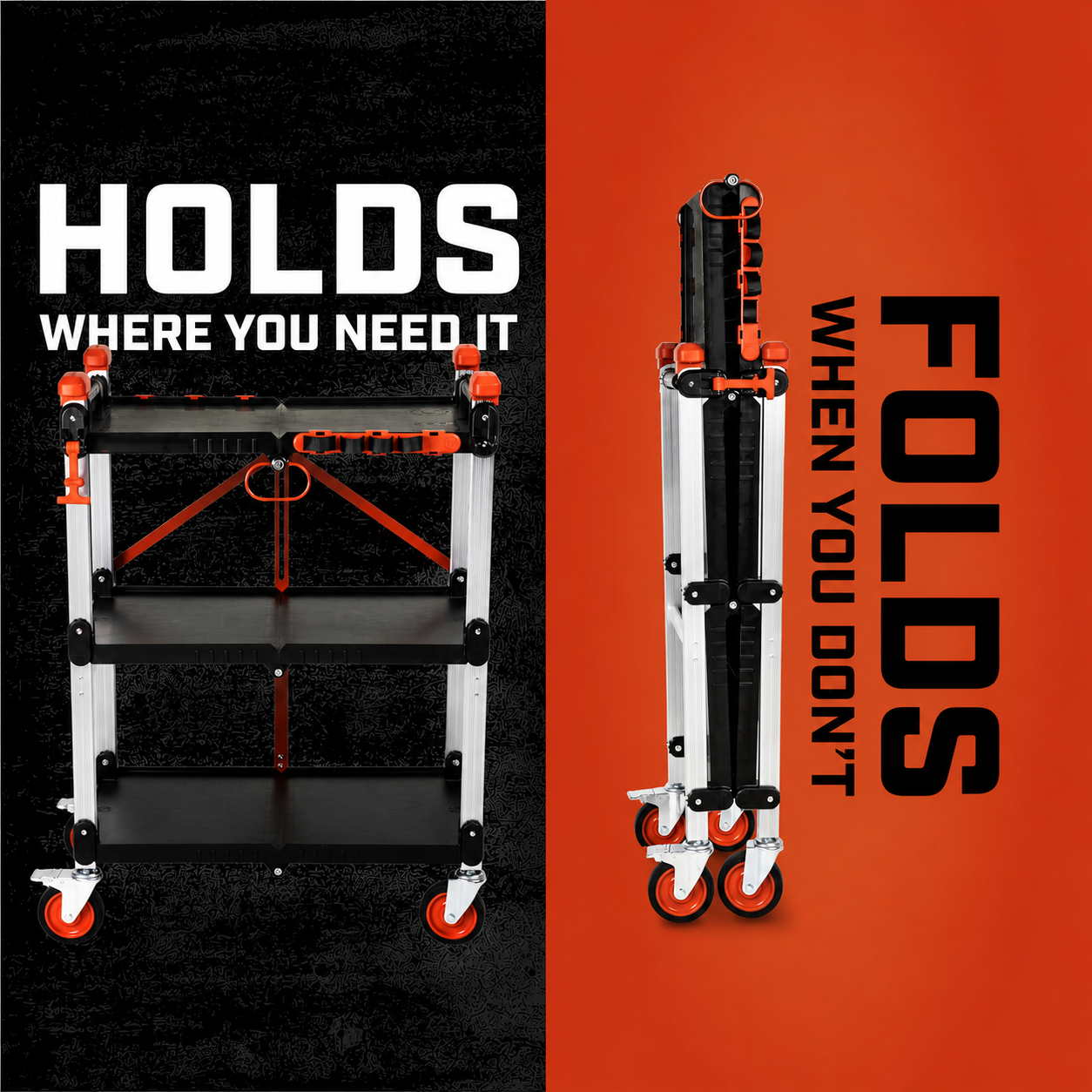 🚚Easy Carry & Storage🚚 3-Tier Foldable Jobsite Cart for Tools, Materials & Workshop Use