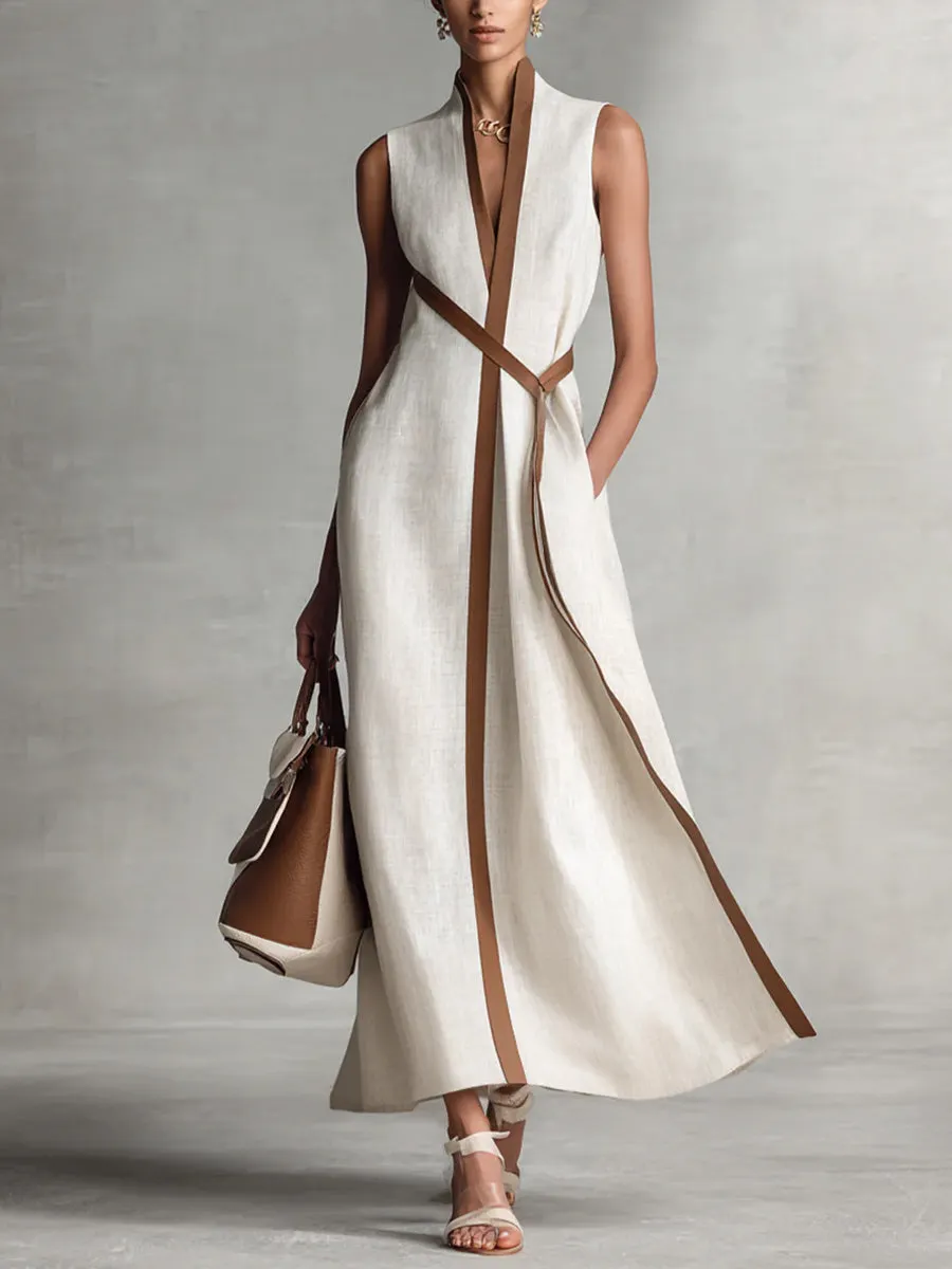 Women's Stand-up Collar Sleeveless Casual Loose Cotton And Linen Dress