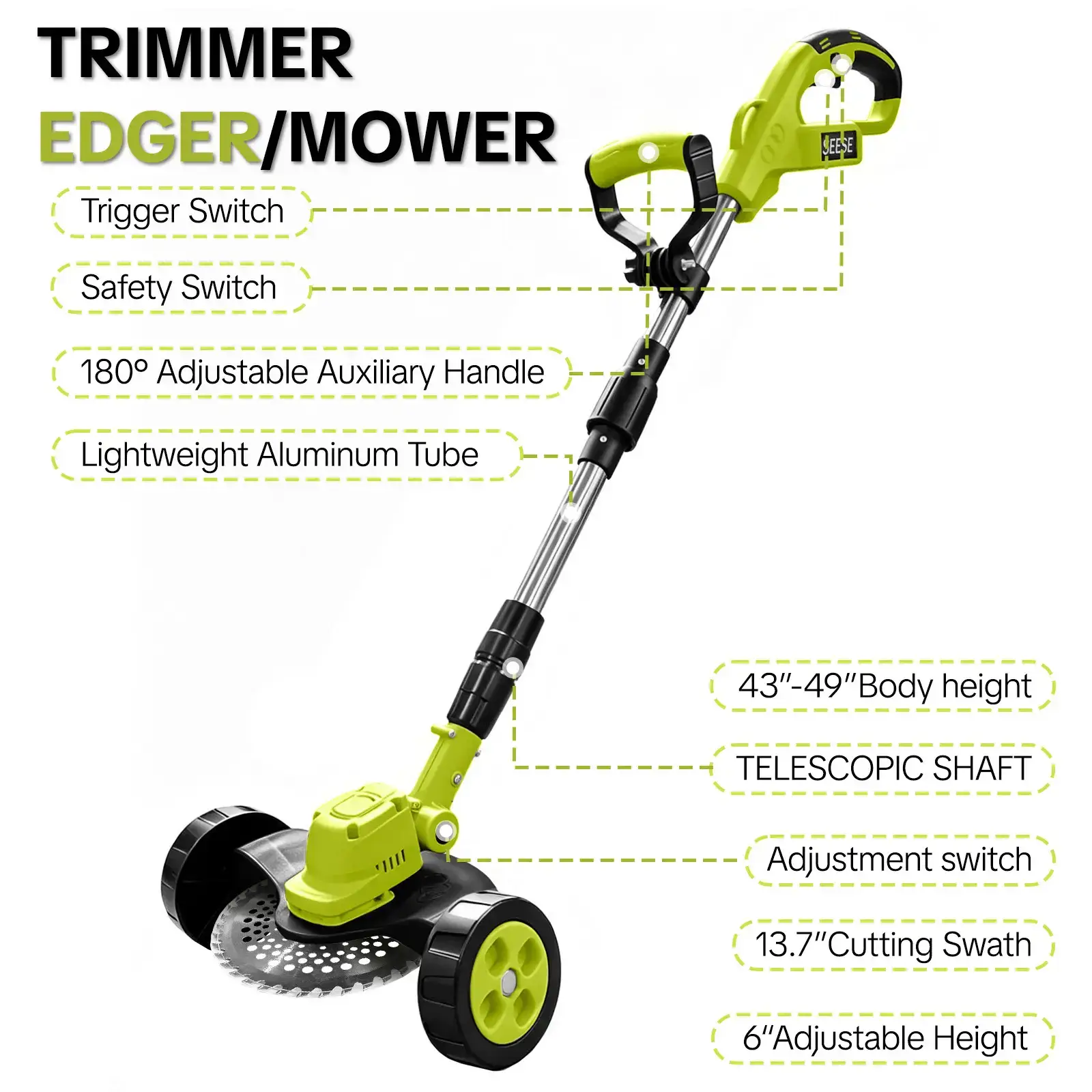 Cordless Lawn Mower, Garden Tool (Mower, Trimmer, Edger) with 2×21V Batteries, Lightweight for Small to Medium Backyards Grass Cutting Tool Grasscutters