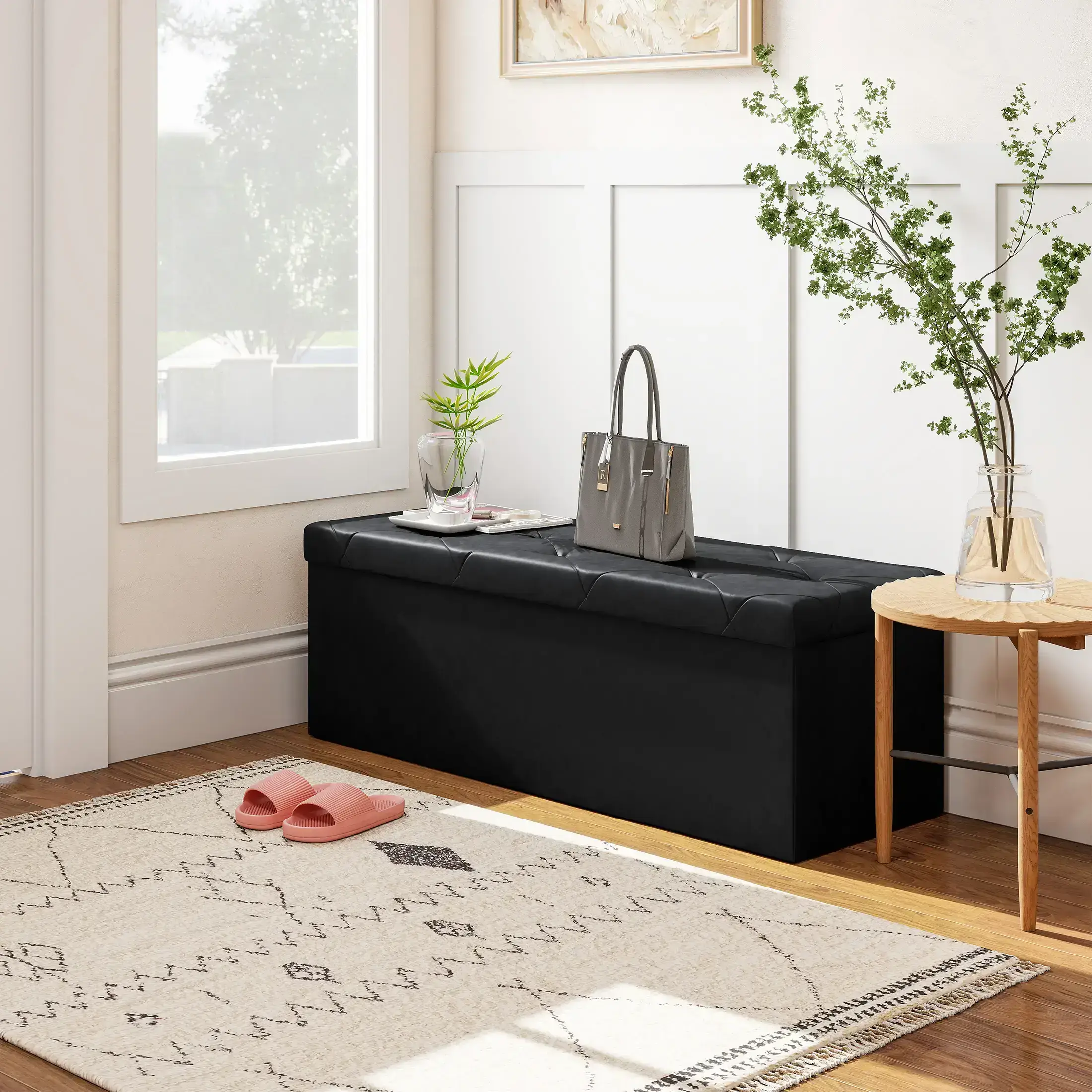 Folding Storage Ottoman Bench Modern Linen Fabric Padded Seat Large Toy Box End of Bed Entryway Comfortable Durable Multifunctional Seater