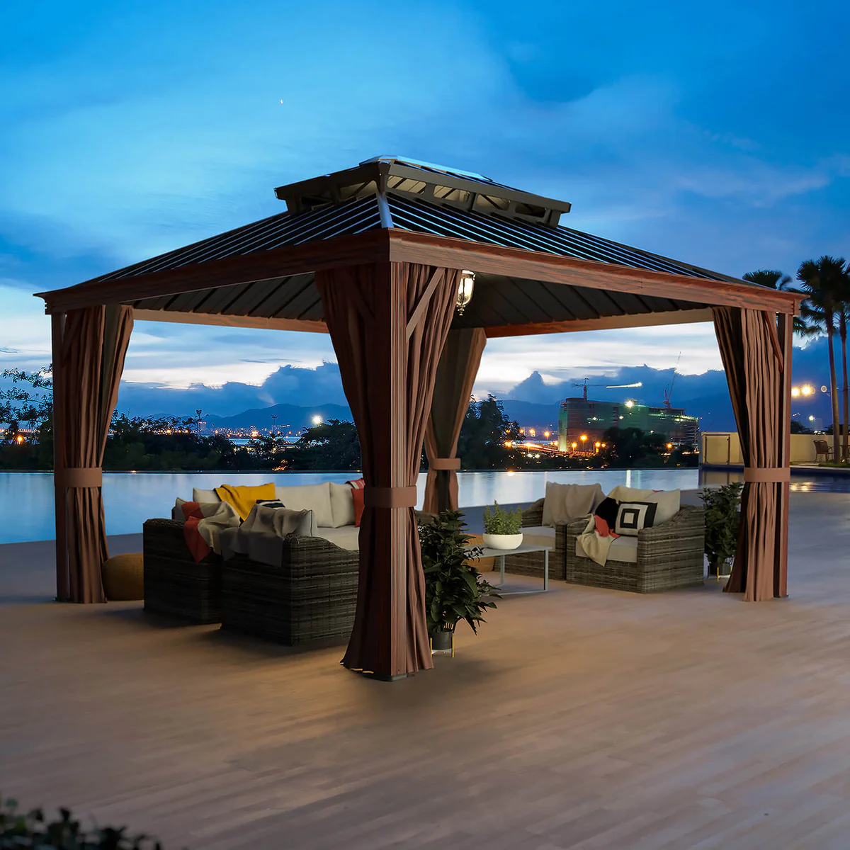 12-ft x 10-ft Wood Grain Appearance Hardtop Brown Gazebo with Hardtop Roof (Screen Included)