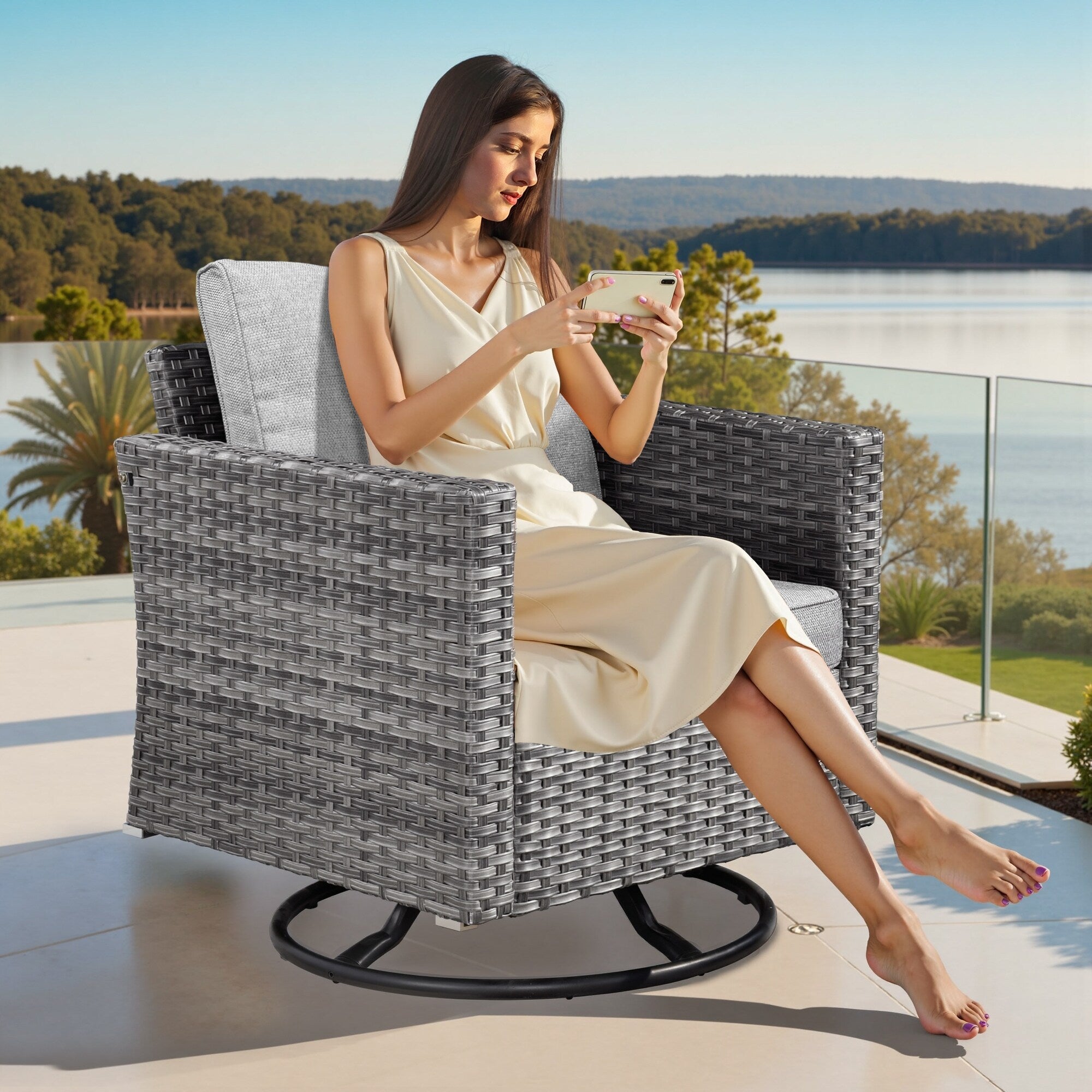 XIZZI 9 Pieces Patio Wicker Furniture Swivel Rocker with Firepit Table
