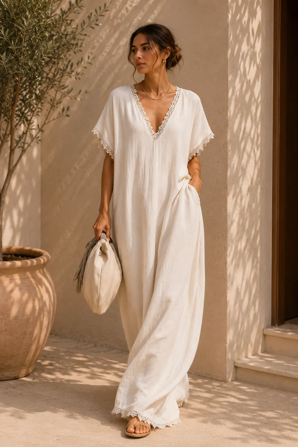 Casual Bohemian Urban V-neck Short-sleeved Lace Trim White Cotton Maxi Dress