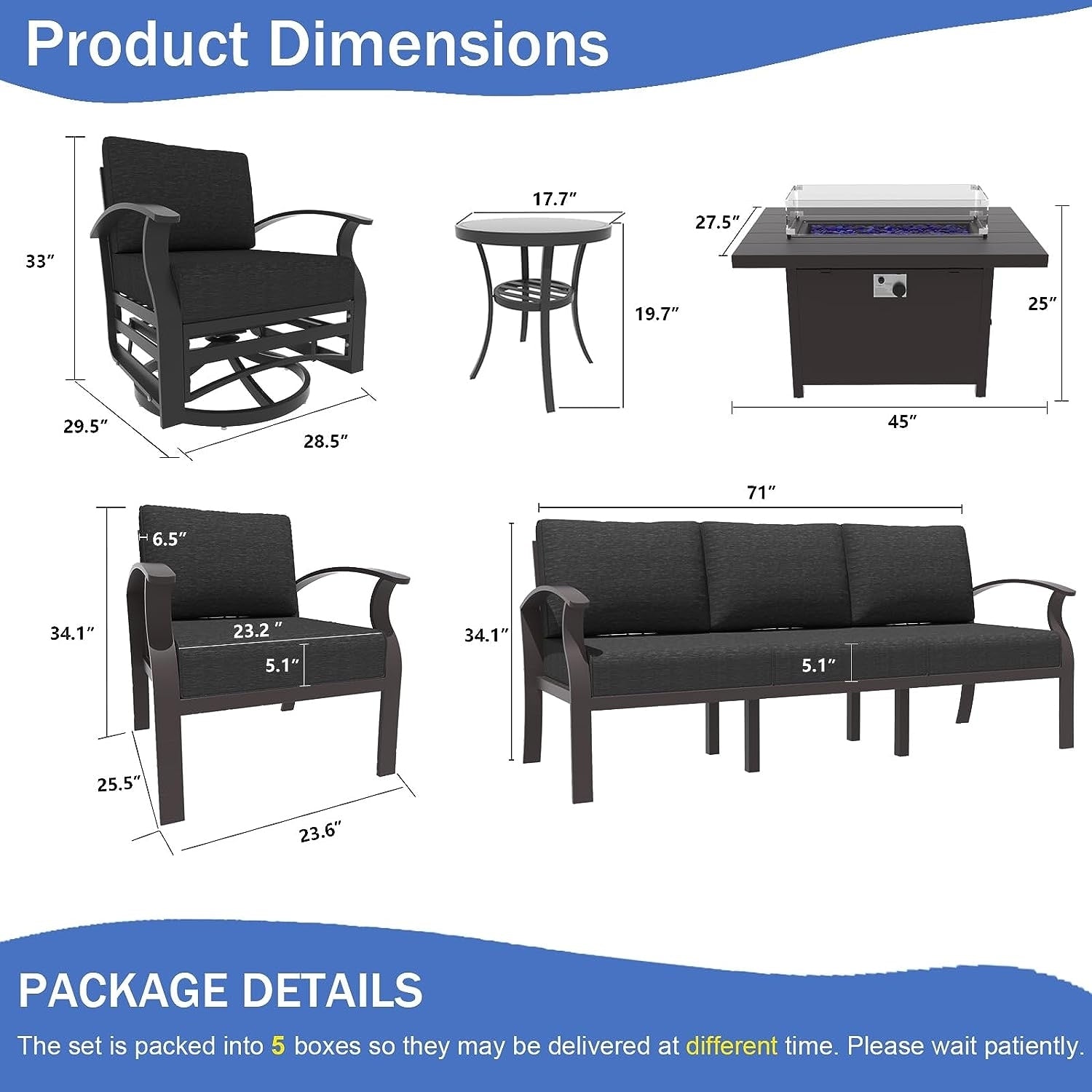 Kullavik Aluminum Outdoor Patio Furniture with Curved Armrests & Firepit Table